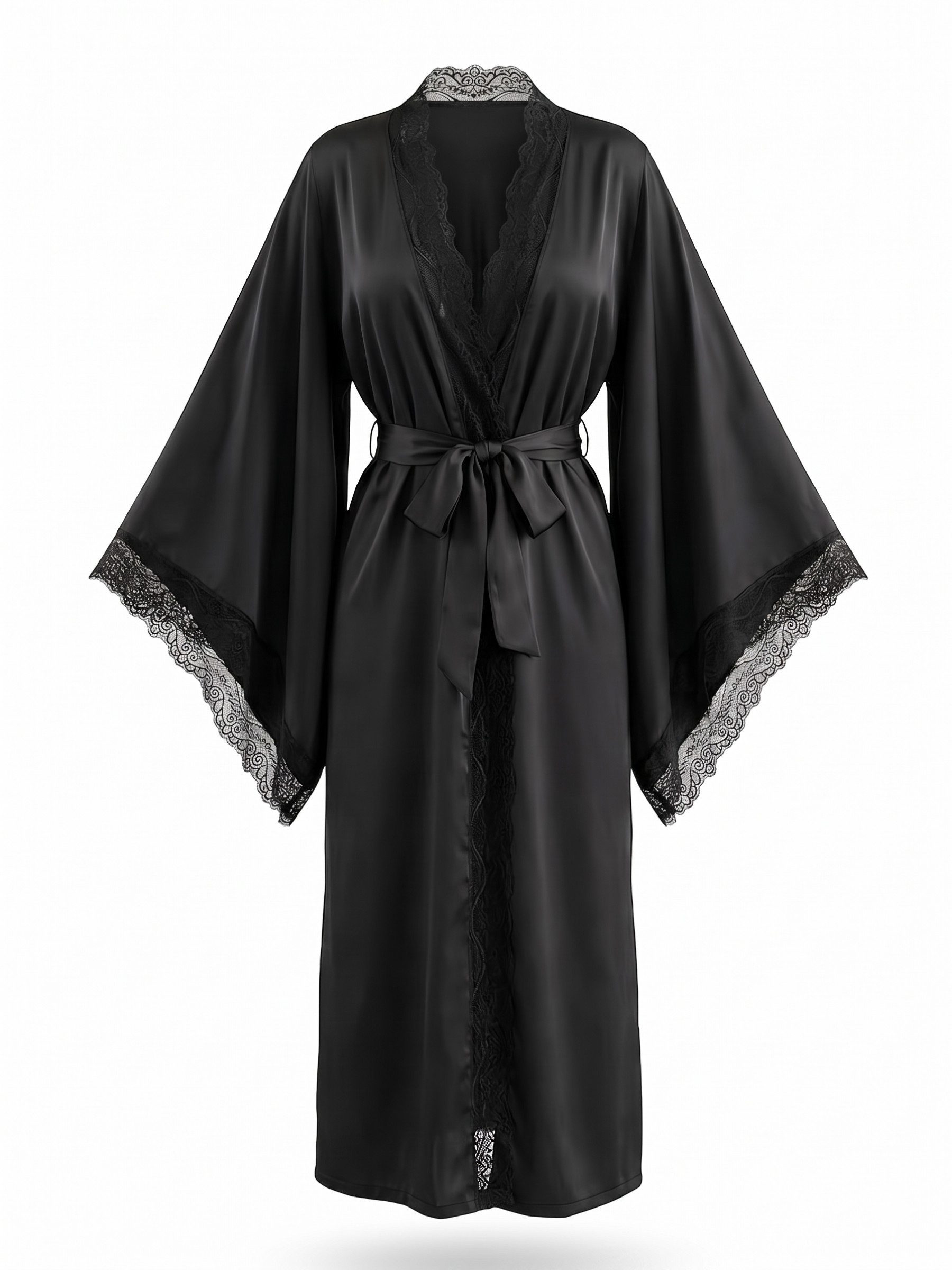 Elegant Love Kimono Damen-Morgenmantel aus Satin mit feiner Spitze und weiten Ärmeln, Gürtel Spitzenbesatz, V-Ausschnitt, lange Form, Bindeband, Robe in Schwarz mit Spitzenbordüre und Taillenschnürung - Hausmantel