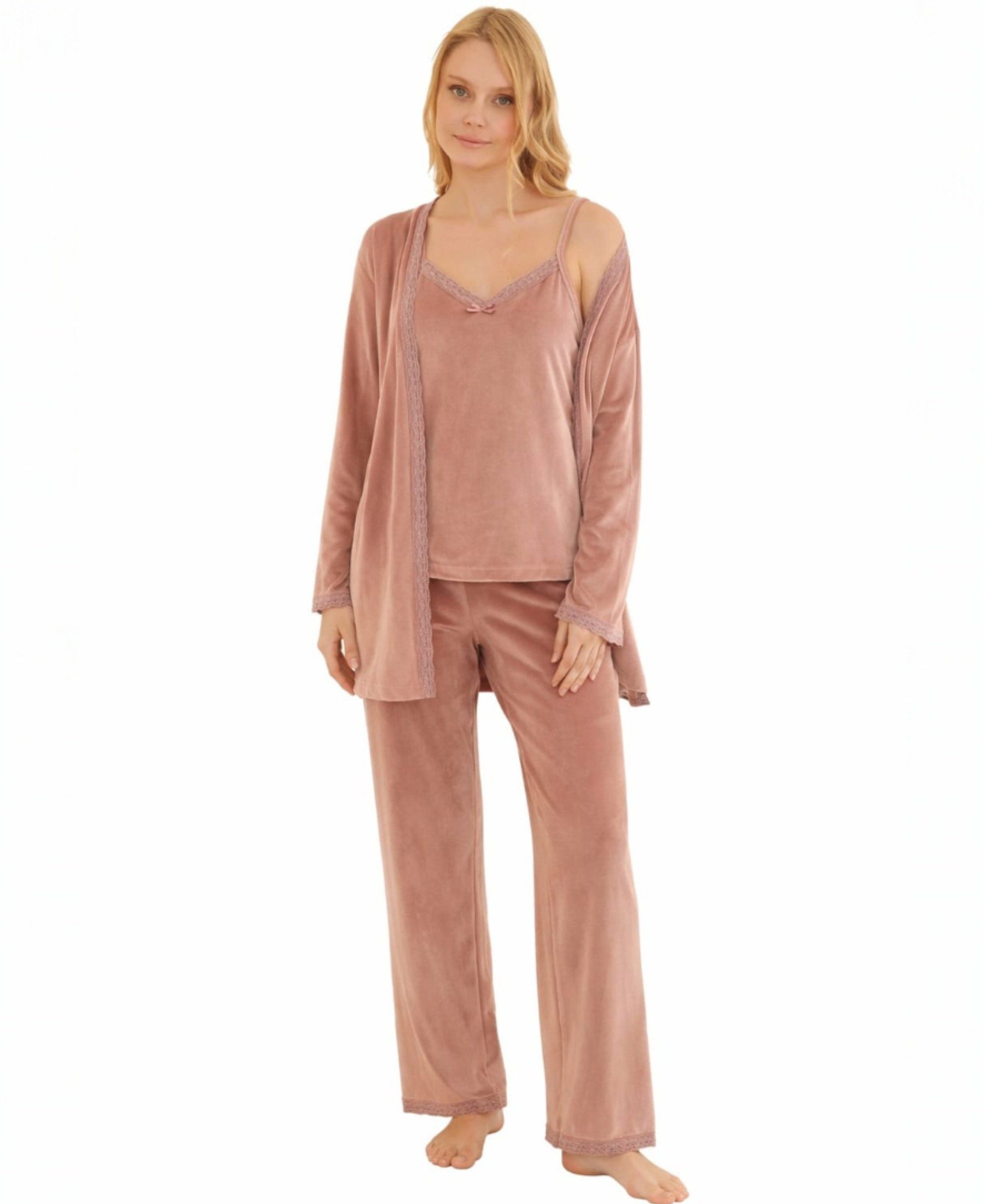 fashionshowcase Hausanzug 3 teiliger Pyjama Schlafanzug mit Morgenmantel 100% Samt