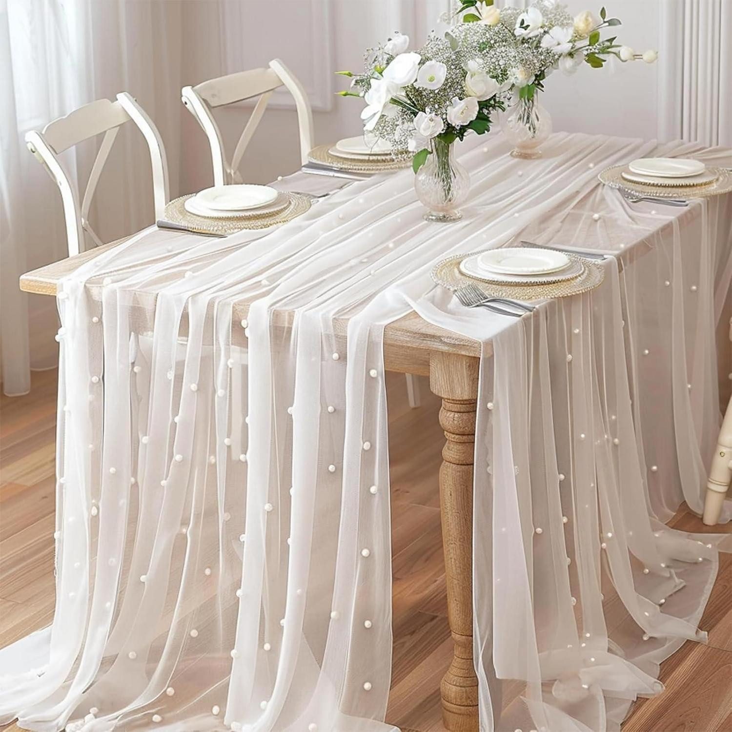 LuxusKollektion Tischläufer Tischläufer Tüll Perlen Weiß 80x300cm