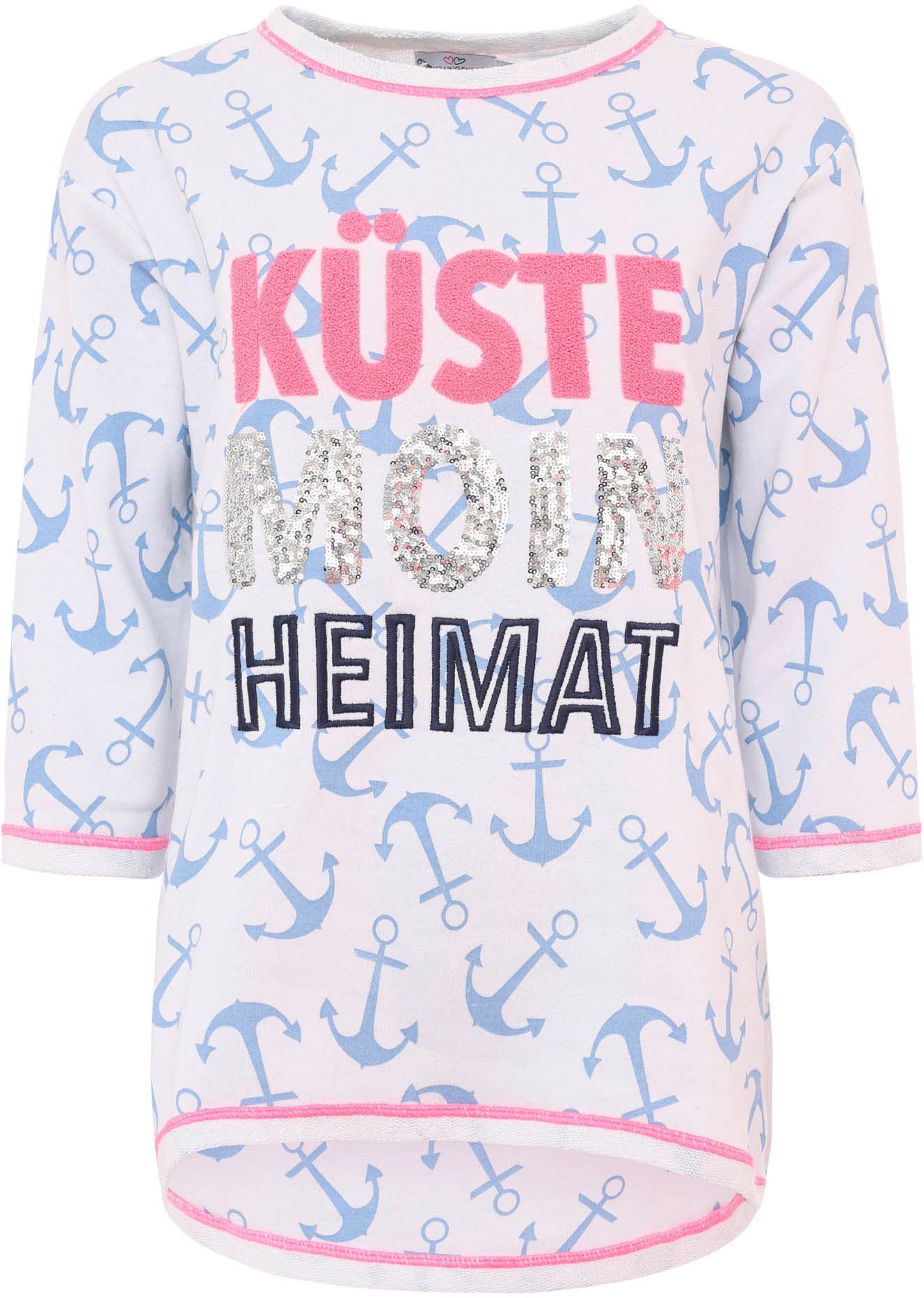 Zwillingsherz Longsleeve "Küste Moin Heimat" Zebra-Muster, 3/4-Arm, Pailletten, Schriftzüge, Kontrastnaht – Bild 2 von 5