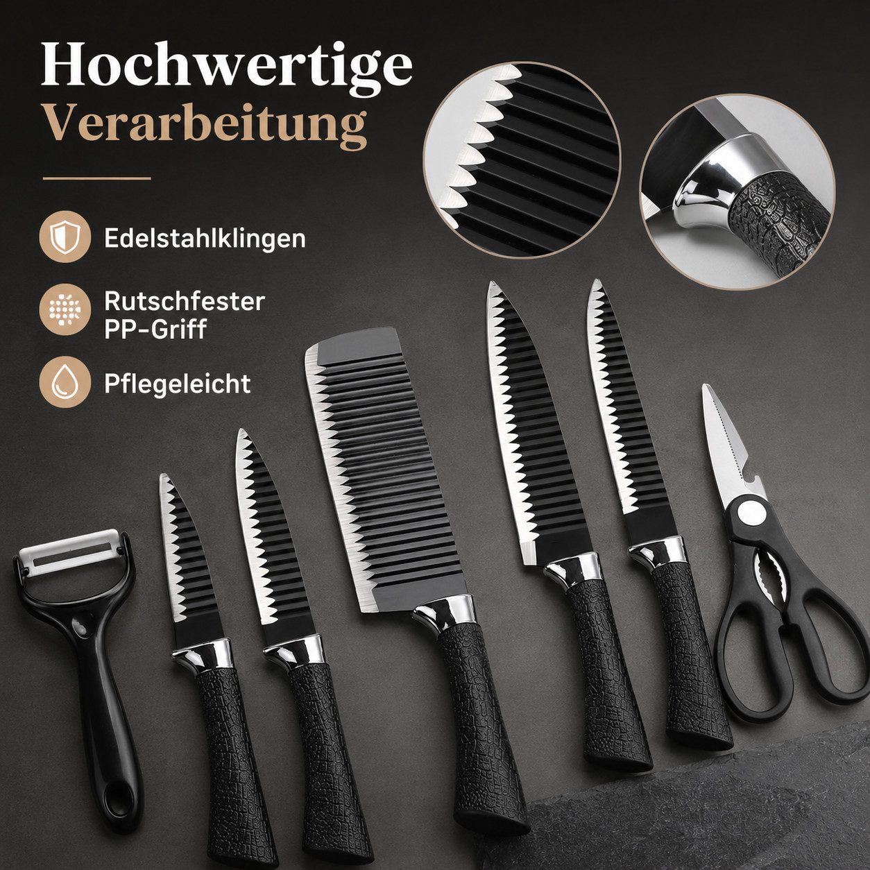 Diyarts Messer-Set (Hochwertiger Edelstahl für langlebige Schärfe, 6-tlg., ergonomische Polypropylen-Griffe für maximalen Komfort), modern, präzise Schnitte dur – Bild 5 von 5