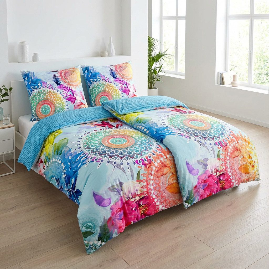 hip Bettwäsche Baumwolle, Renforcé, 2 teilig, farbenfrohe Mandalas, blauer Hintergrund