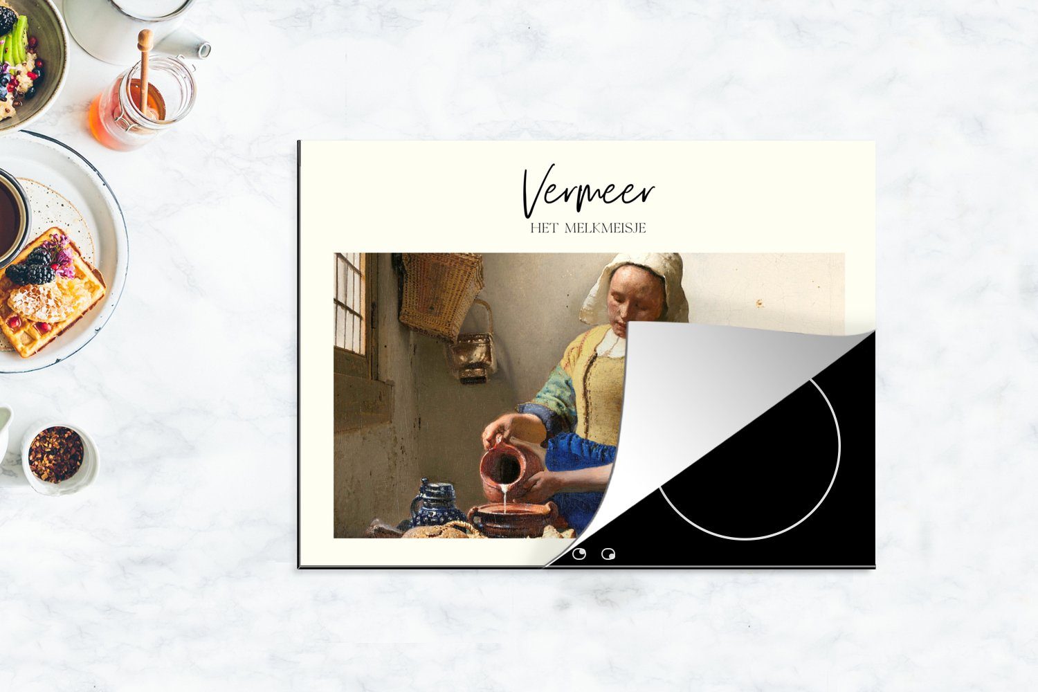 tlg), Meister, nutzbar, - - Alte Herdblende-/Abdeckplatte Vermeer Mobile (1 Milchmädchen Ceranfeldabdeckung MuchoWow 70x52 cm, Vinyl, Arbeitsfläche