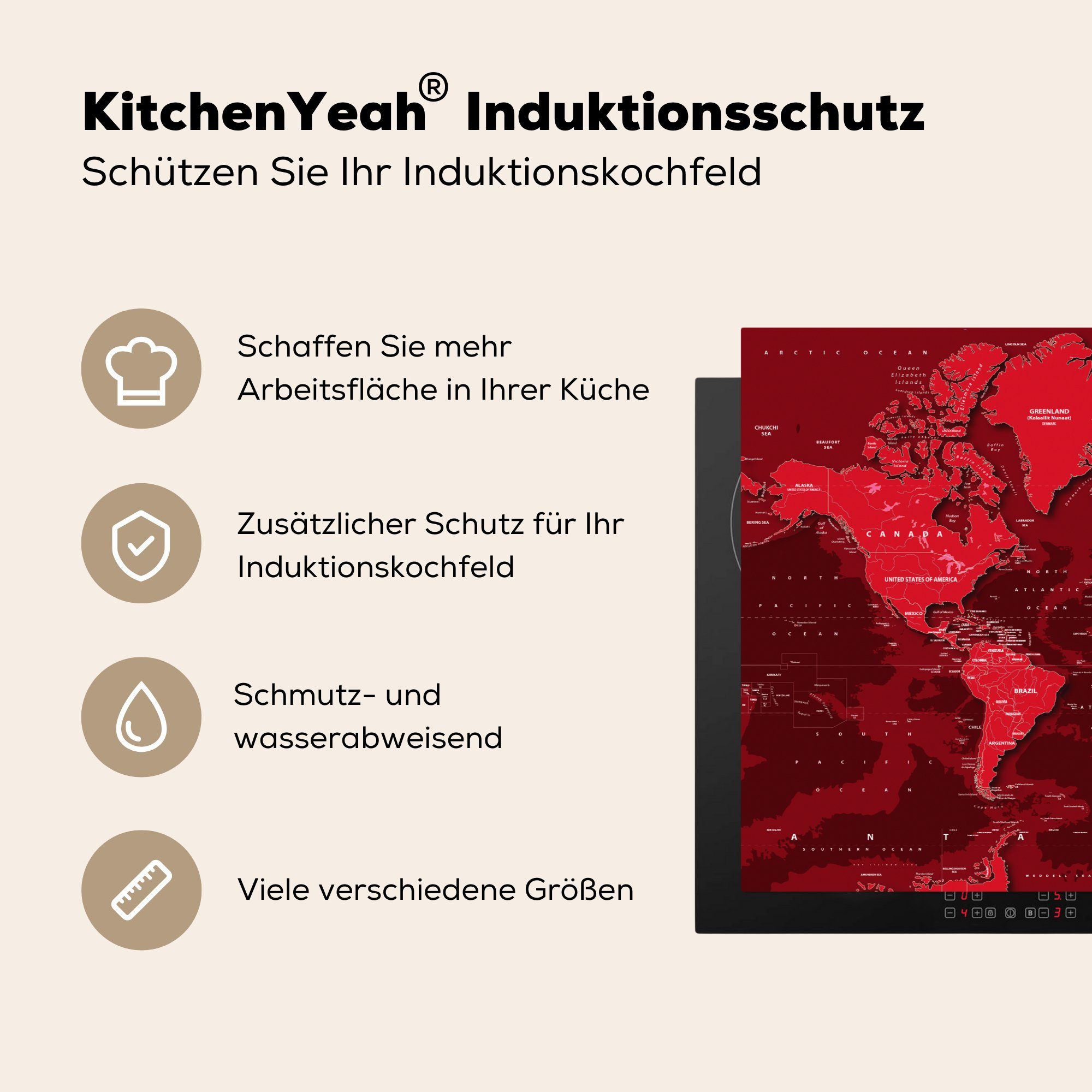 MuchoWow Herdblende-/Abdeckplatte Weltkarte - tlg), küche, (1 die 81x52 Stabil cm, Induktionskochfeld Schutz für Ceranfeldabdeckung Vinyl, - Rot