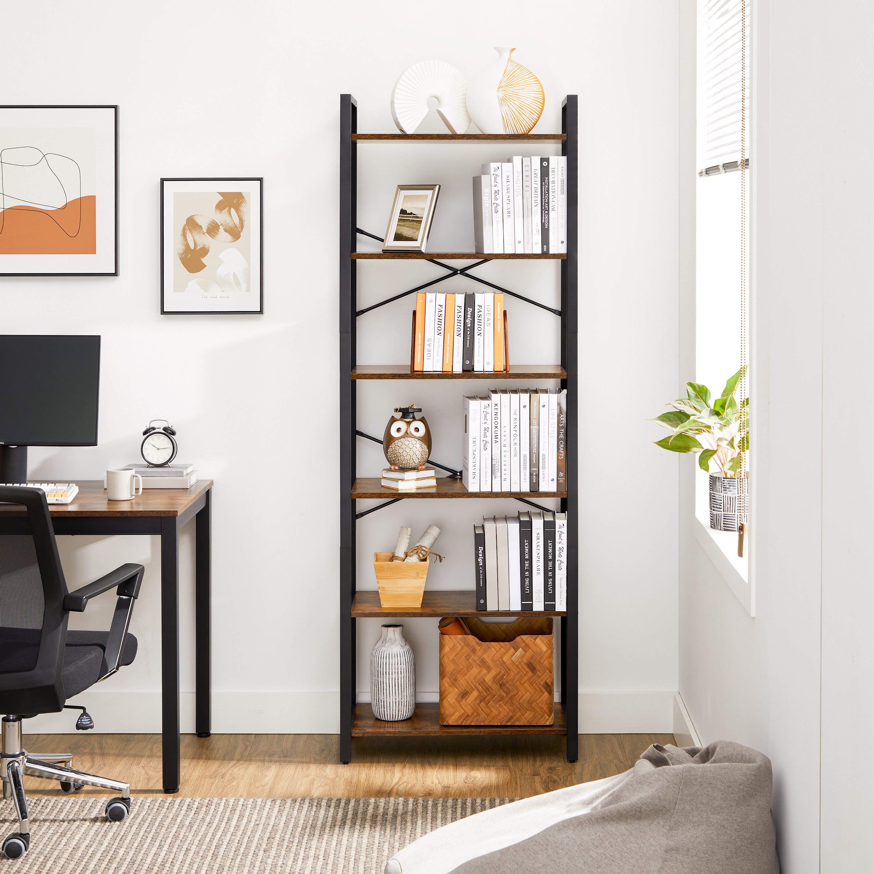 VASAGLE Bücherregal Standregal, DVD-Regal, Büroregal, Büro, Wohnzimmer, Schlafzimmer, Flur, mit 6 Ebenen, offene Ablagen, 66 x 186 x 30 cm, Industrie-Design