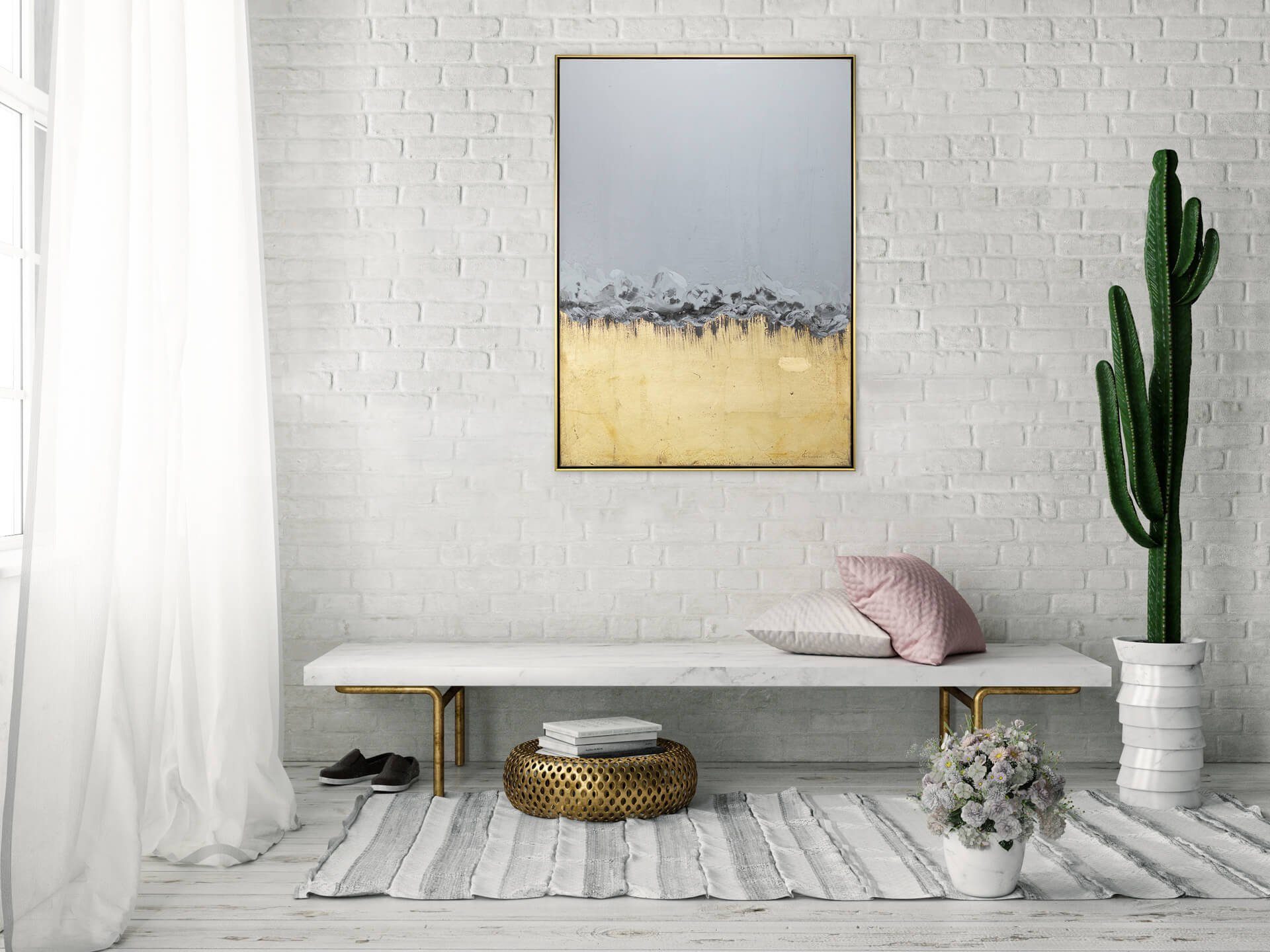 Leinwandbild 77.5x102.5 HANDGEMALT cm, KUNSTLOFT Gemälde Goldenes Wohnzimmer 100% Wandbild Himmelreich