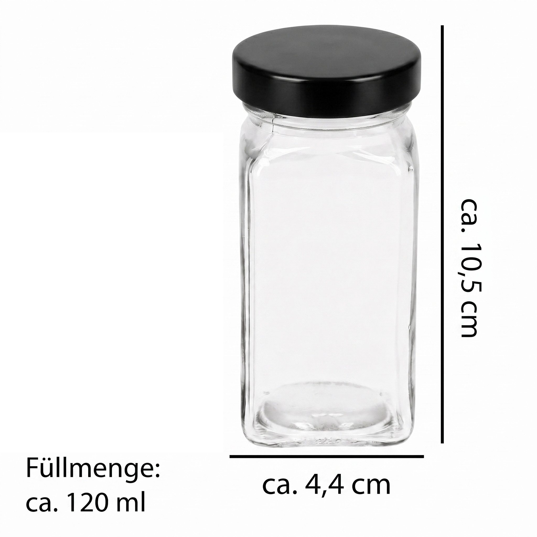 VonBueren Gewürzstreuer Gewürzgläser Set, eckig leer, 120 ml, Edelstahldeckel schwarz, (12-tlg), schwarze Edelstahldeckel, Streueinsätze, individuell beschriftb – Bild 3 von 5