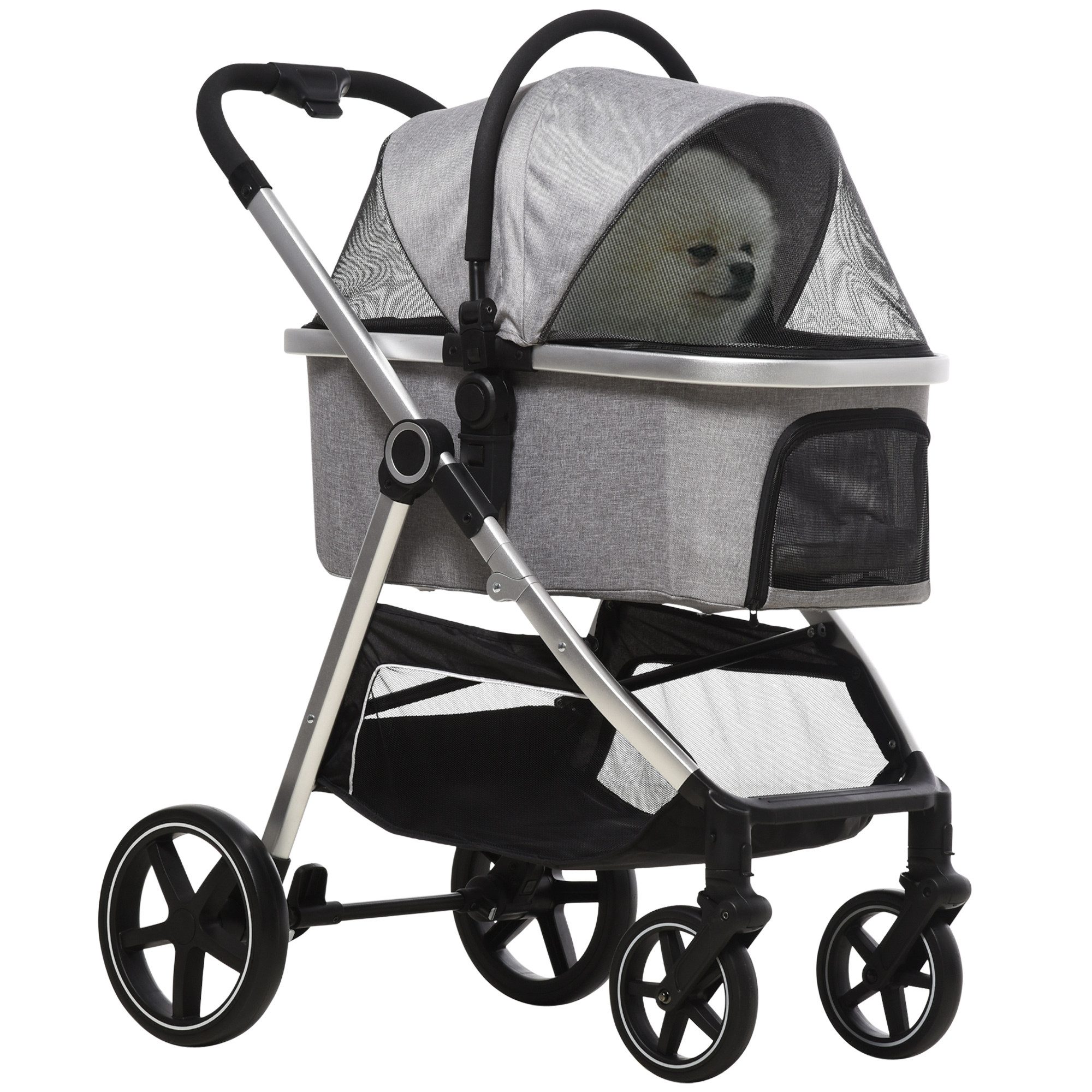 MC Star Hundebuggy 2-in-1 Faltbar mit Bremsen und Netzfenster, Sicherheitsleinen, (für Hunde bis 15kg, Hellgrau)