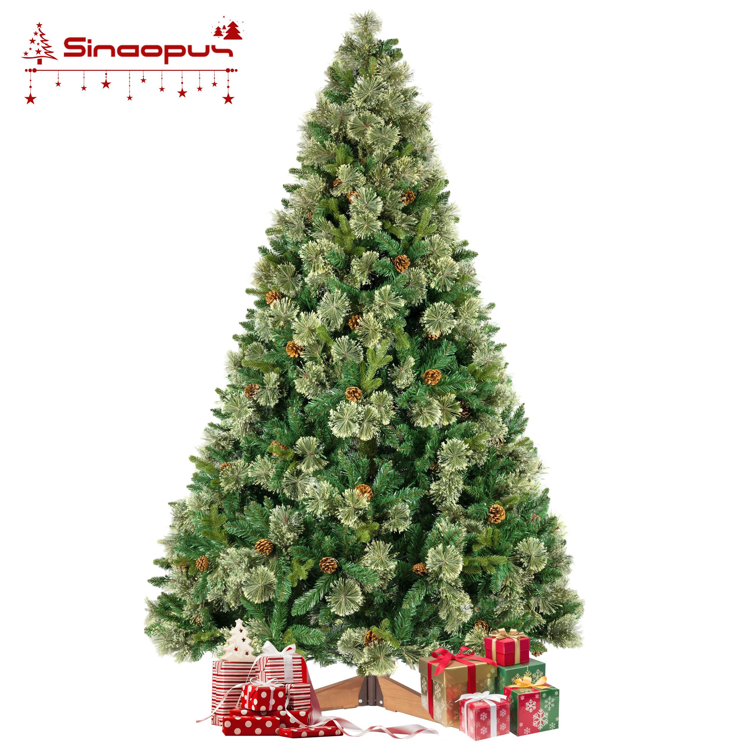 Sinaopus Künstlicher Weihnachtsbaum mit Beleuchtung, Künstlich Tannenbaum, Holzständer, PVC+PE, 180/210cm, Künstliche Tanne, Weihnachtsbaum künstlich, wiederverwendbar, Weihnachtsdeko für Haus und Garten, mit Tannenzapfen, 260 LEDs & 1200 Spitzen, leicht aufzubauen