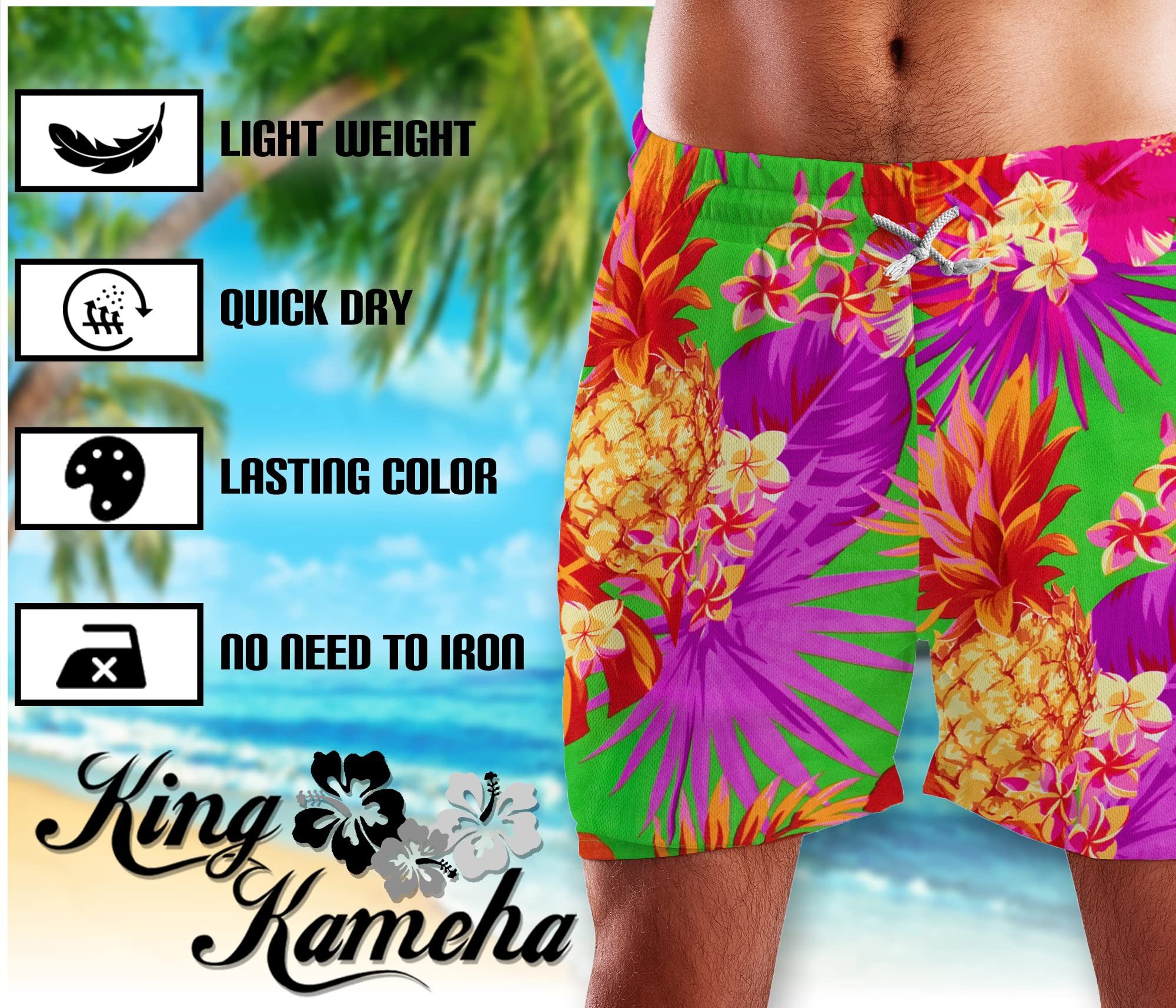 King Kameha Badeshorts Pineapple Funky Hawaii Bade-Shorts Mesh-Einsatz Verschluss Kordelzug Mit integriertem Mesh-Innenslip für extra Komfort