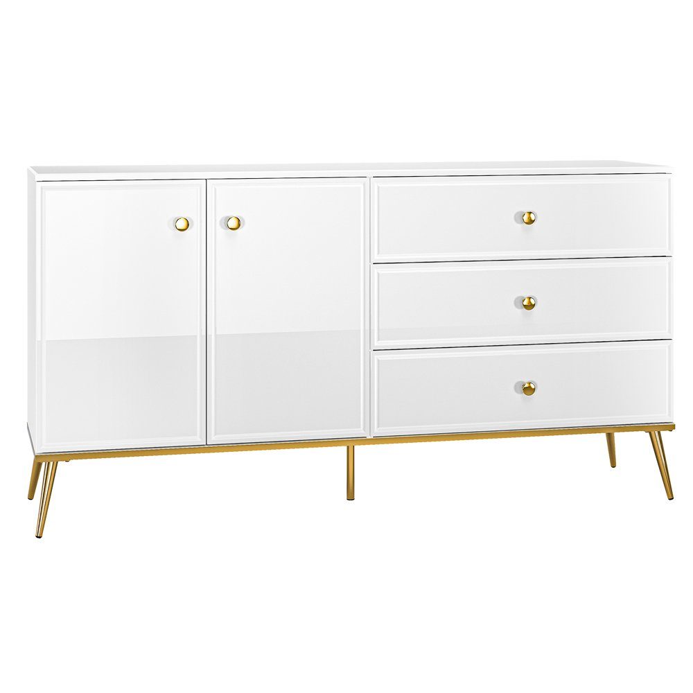 Lomadox Sideboard GUBIN-131, weiß Hochglanz, goldfarbene Details, Kommode, günstig online kaufen