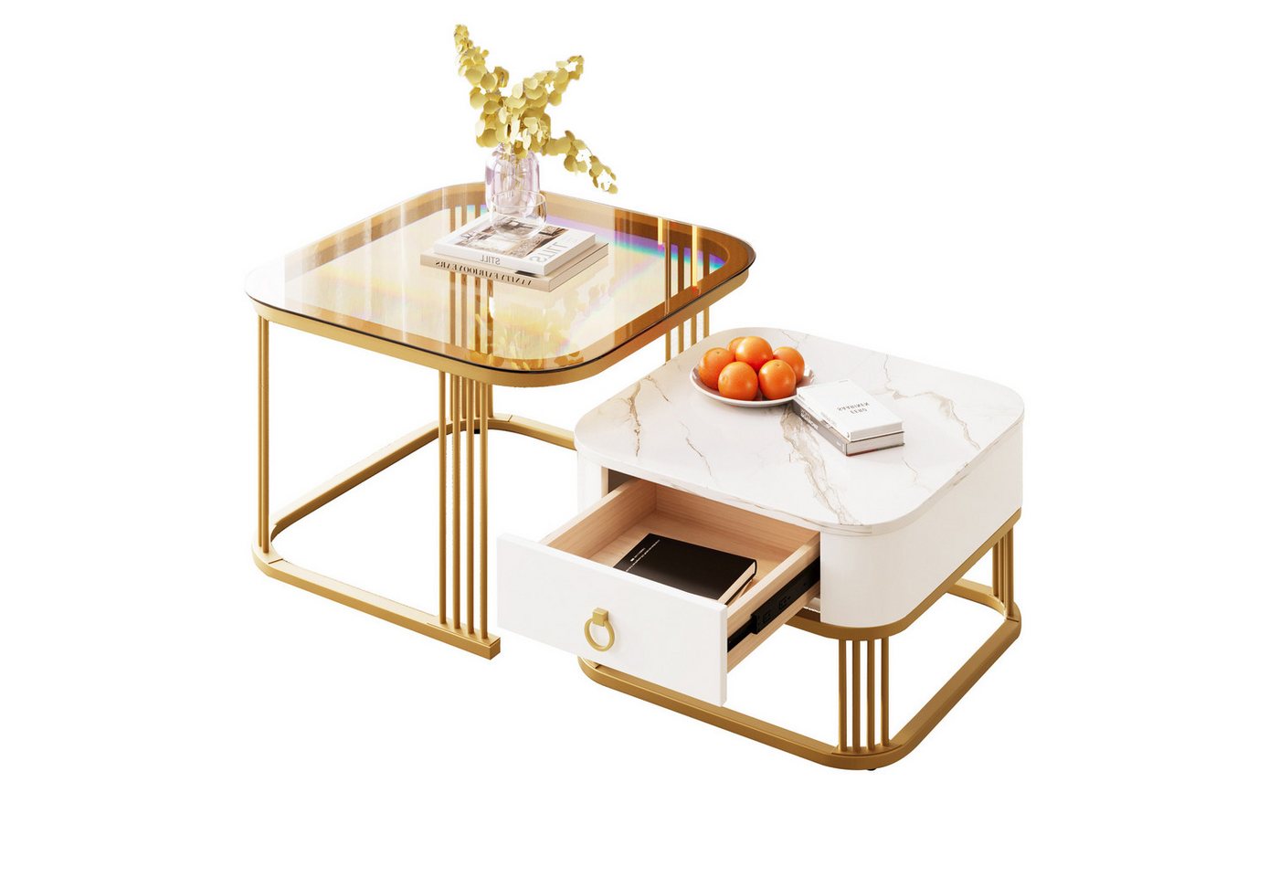 Merax Couchtisch Set Marmoroptik mit Schublade, Beistelltisch hochglanz, Satztisch mit Glasplatte,Wohnzimmertisch