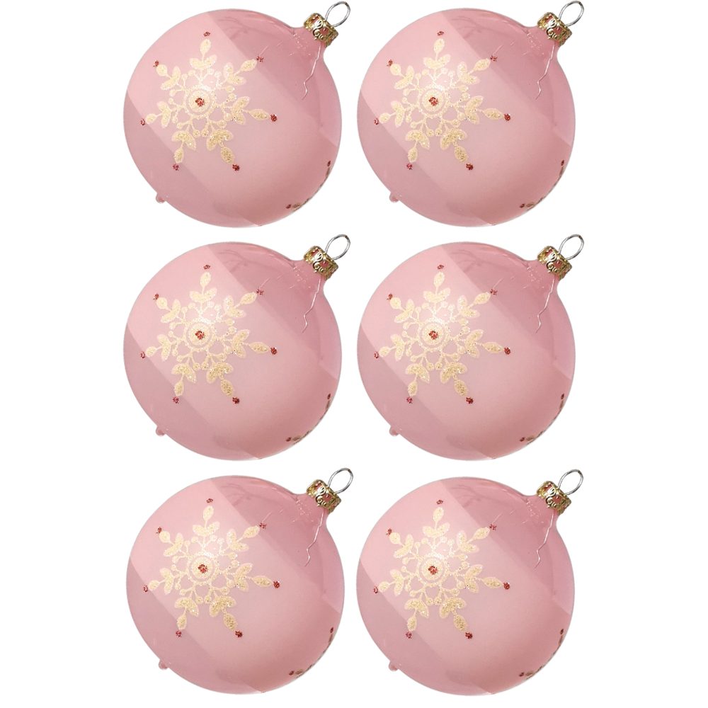 Thüringer Glasdesign Weihnachtsbaumkugel Weihnachtskugel-Set Kristallblüten rosa (6 St), mundgeblasen, handdekoriert