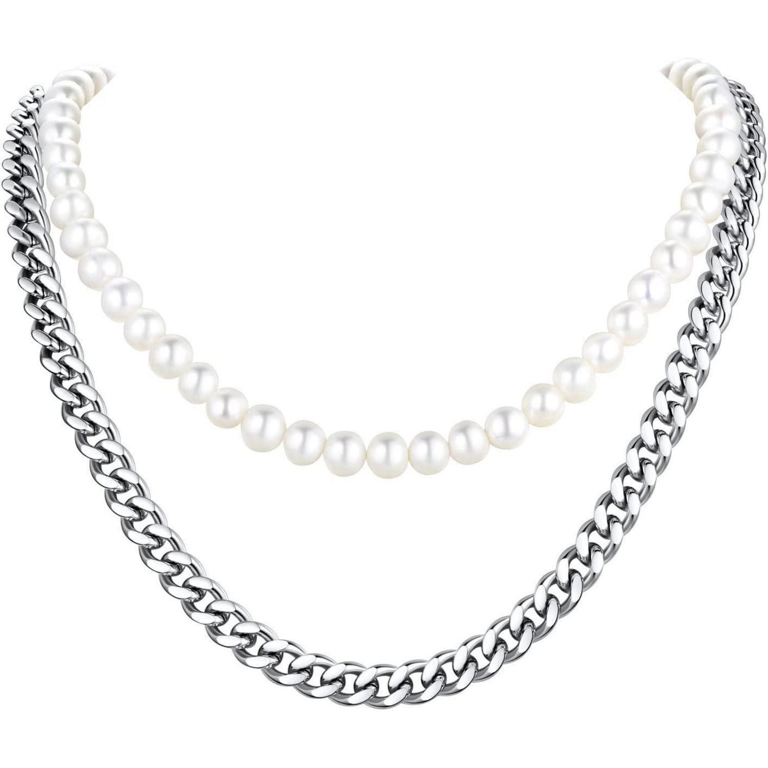 LuxusKollektion Perlenkette Perlenkette Damen Herren Choker Zuchtperlen Weiß 02 Weiß silber