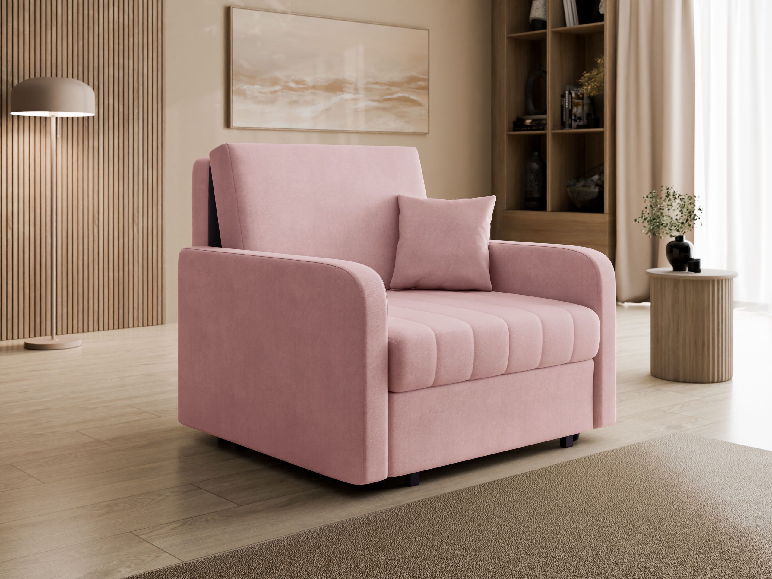 MIRJAN24 Schlafsofa Viva Silk I, mit Bettkasten und Schlaffunktion, 1-Sitzer, 102x98x85 cm, Schwarze Metallfüße