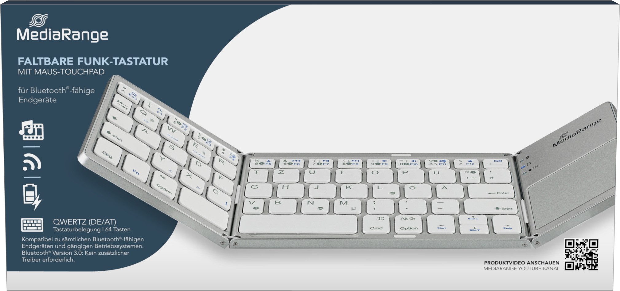 Mediarange Multi-pairing Funk Tastatur faltbar QWERTZ 63 Tasten Touchpad silber Tastatur