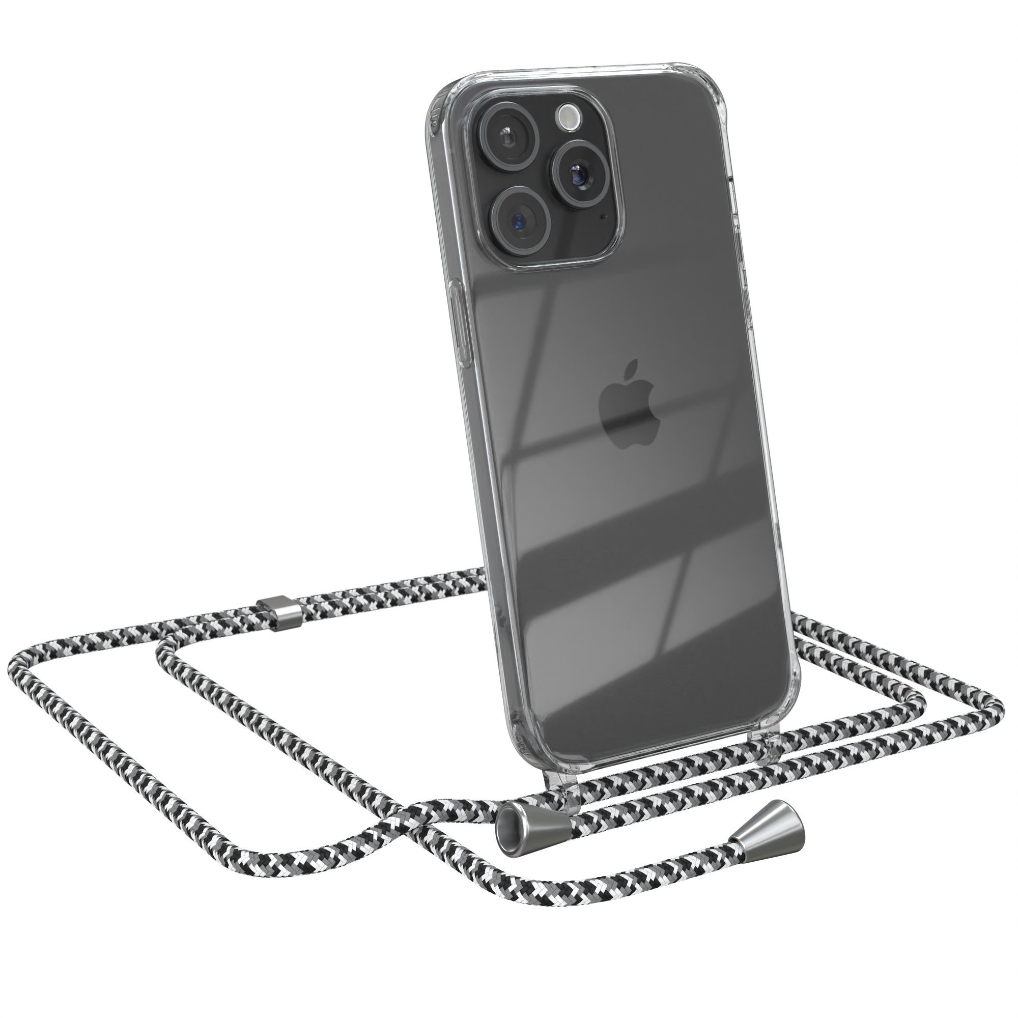 EAZY CASE Handykette mit-/ohne Magsafe Hülle für iPhone 15 Pro Max 6,7 Zoll, Kette zum Umhängen mit Umhängeband mit Riemen Schwarz Camouflage