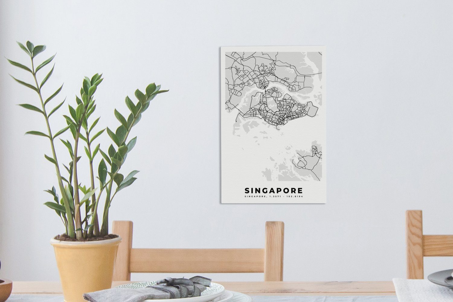 OneMillionCanvasses® Leinwandbild Schwarz fertig Leinwandbild Karte - 20x30 Karte, Singapur Stadtplan St), und (1 - Zackenaufhänger, - bespannt Gemälde, weiß - inkl. cm