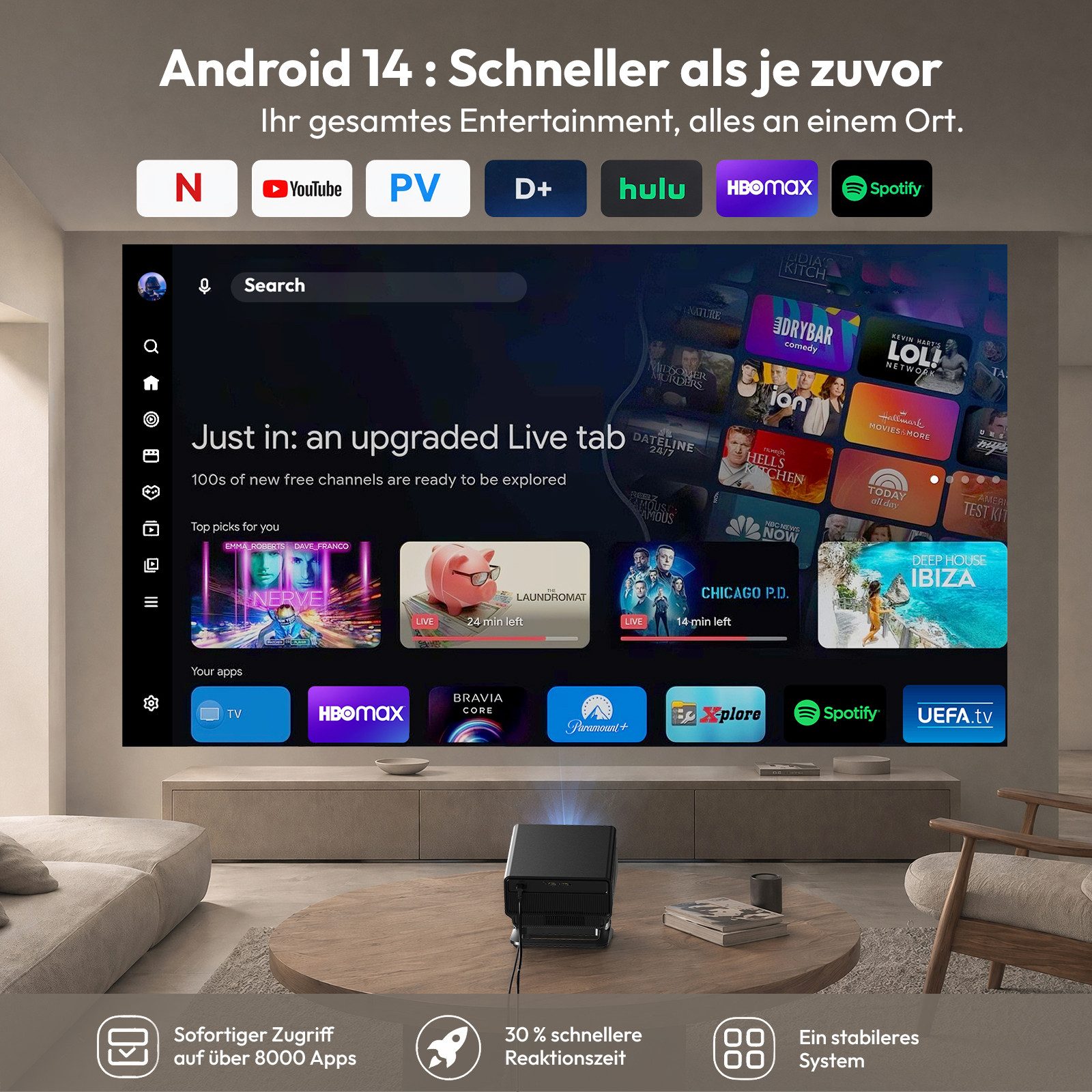 XGODY 2026 Neuer Smart Beamer 4k heimkino mit leinwand, Integrierte APP UHD-Beamer (1200 lm, 2500:1, 3840 x 2160(1200 ANSI) px, Android 14, Full HD 1080P, unterstützt 8K-Decodierung Projektor)