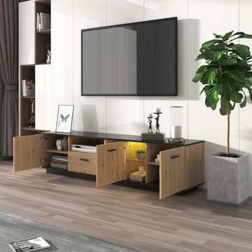 REDOM TV-Schrank Mit einer Schublade,drei Türen, zwei offene Fächer mit Glas TV-Möbel (180 L x 40 B x 45 H(cm) Schwarze und natürliche Holzfarben, 15 variable LED-Leuchten.