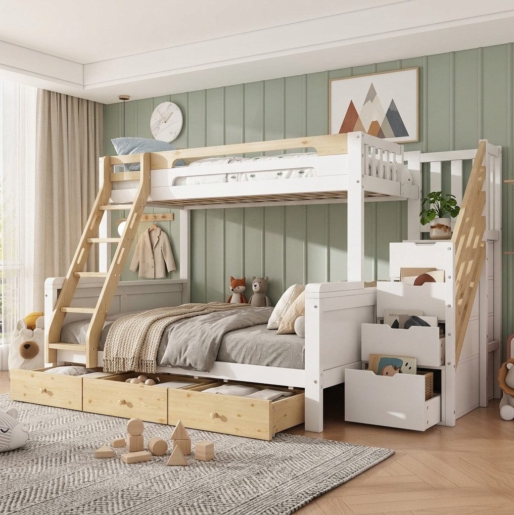 REDOM Etagenbett Kinderbett mit praktischer Aufbewahrung, Holzbett (90x200 cm und 140x200 cm, Gästebett aus Holz mit Sicherheitsgitter, Treppe mit Stauraum, Leiter und drei Schubladen, Jugendbett Stauraumbett), ohne Matratze