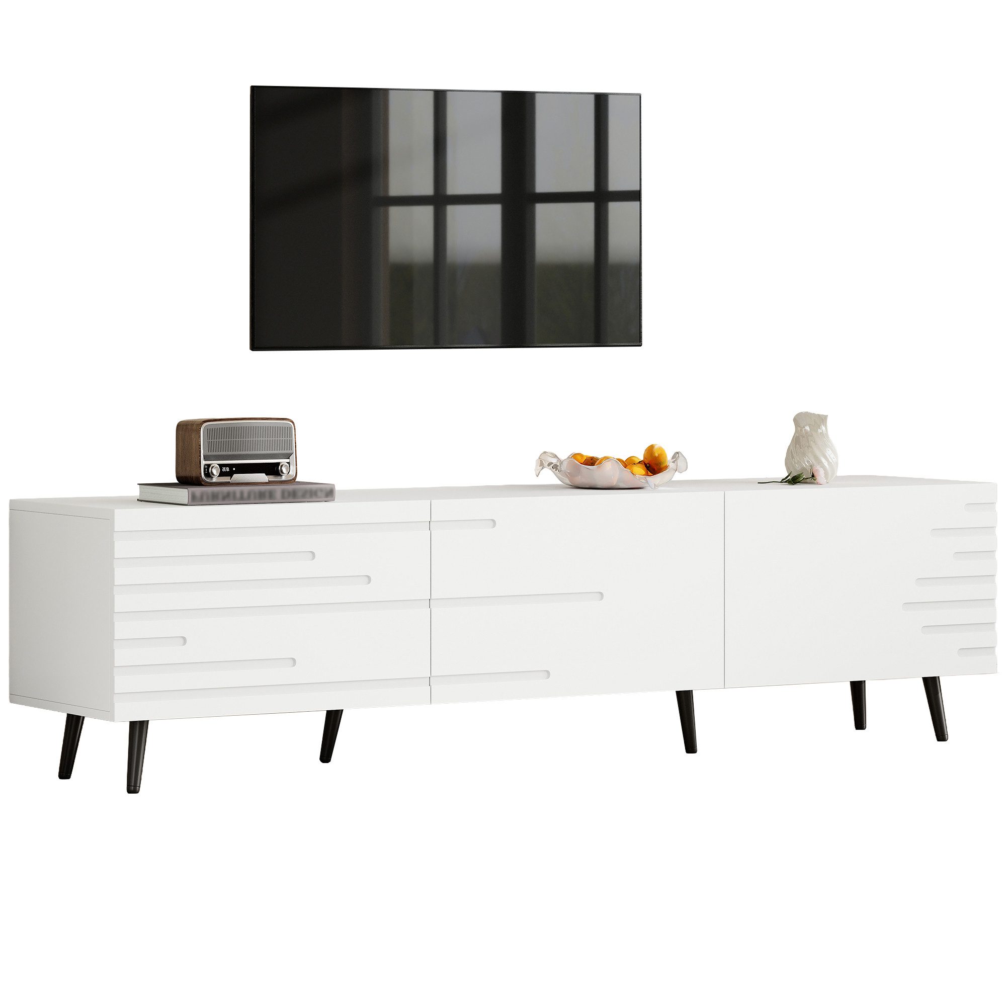 KLAM HOME Lowboard Weißer XXL TV-Schrank 180cm für bis 80 Zoll mit 3 Klapptüren (Lowboard mit 3D-Druck Design & riesigem Stauraum aus MDF), Modernes Wohnzimmer TV-Board mit platzsparender Klapptechnik