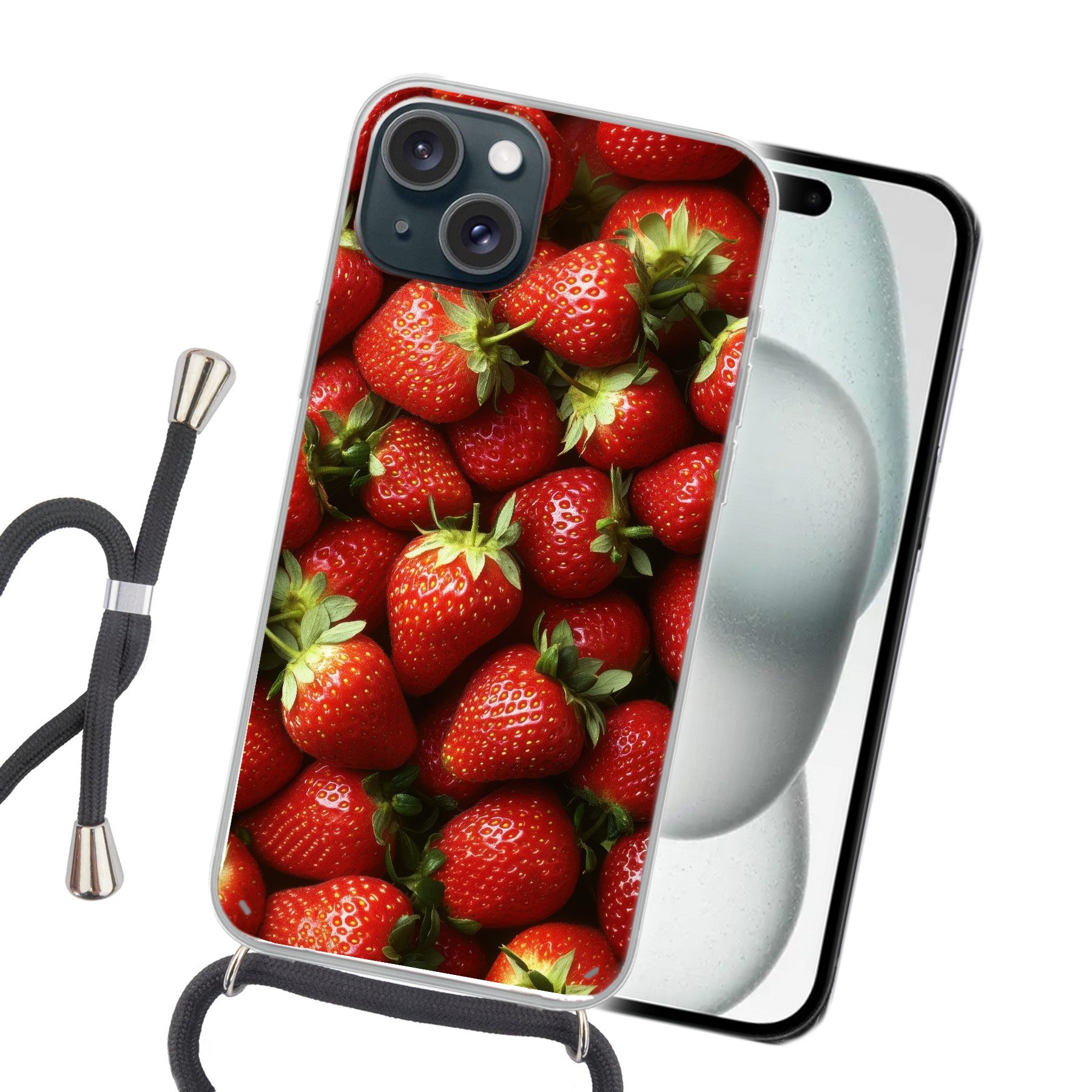 MuchoWow Handyhülle für Apple iPhone 15 Erdbeere - Obst - Rot, Tragbare Handyhüllen mit Kette zum umhängen, Handykette Handyband