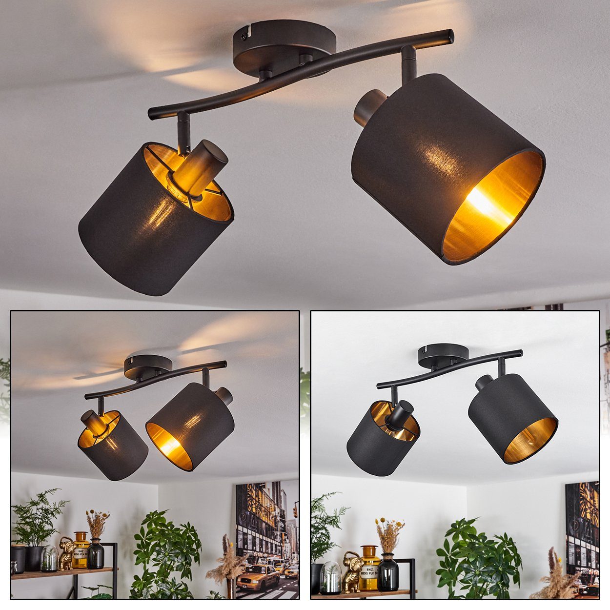 hofstein Deckenleuchte moderne Deckenlampe aus Metall/Stoff in Schwarz/Gold günstig online kaufen
