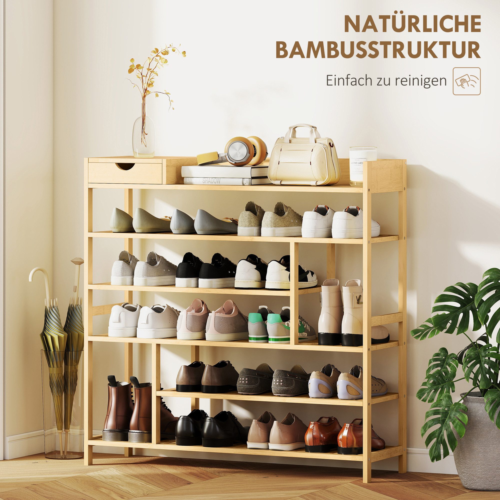 HOMCOM Schuhregal Schuhablage mit 6 Ebenen, Schublade aus Bambus, für 18 Paar, Schuhständer 1-tlg., für Eingang, Schlafzimmer, 101 x 30 x 100 cm, Natur – Bild 5 von 5