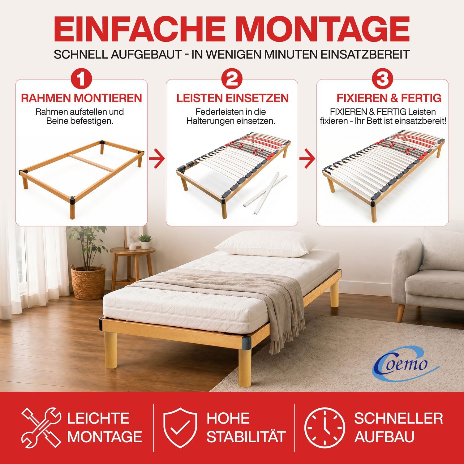 Lattenrost Dorado, Coemo, Kopfteil nicht verstellbar, Fußteil nicht verstellbar, Lattenrost mit Füßen 90x200 Italian Style preisgünstige Selbstmontage