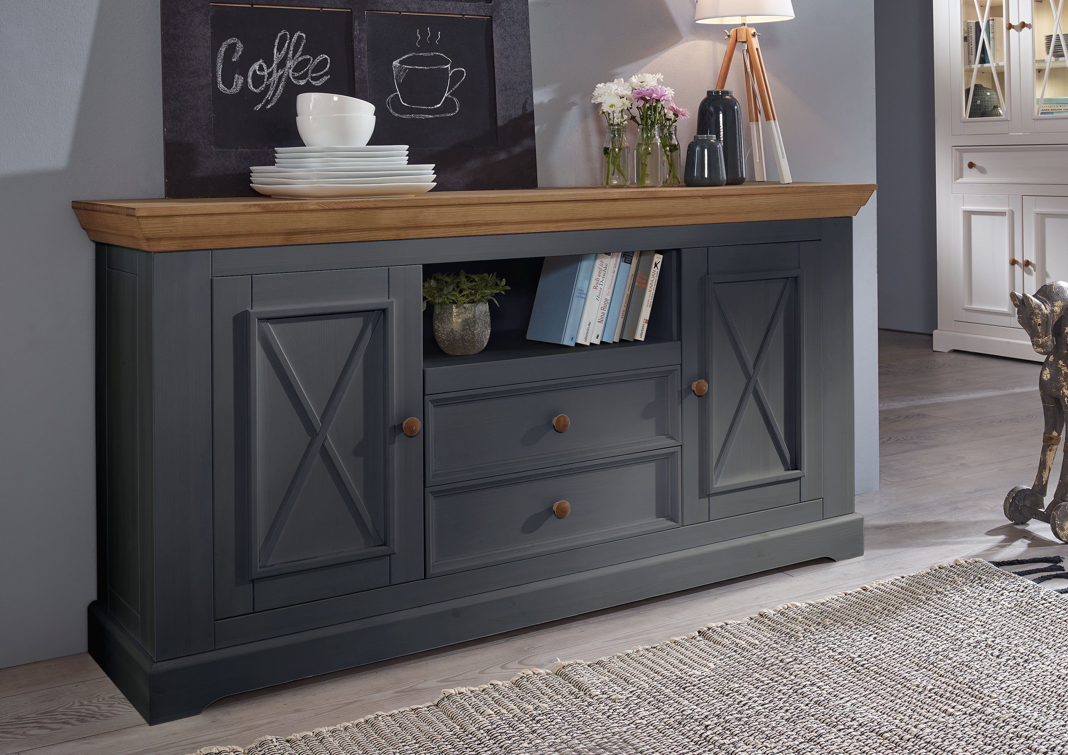 Lebenswert Sideboard WZ-0133 (BxHxT: 169x88x42 cm), aus Kiefer massiv in grau mit 2 Türen und einem Fach