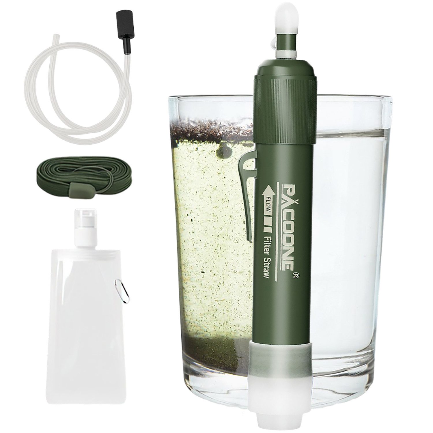 Refttenw Wasserfilter 4000L Tragbarer Camping Wasseraufbereitung Filter auf 0,01µm, mit 60cm Trinkhalm, 500ml Wasserbeutel u. 50cm Schultergurt