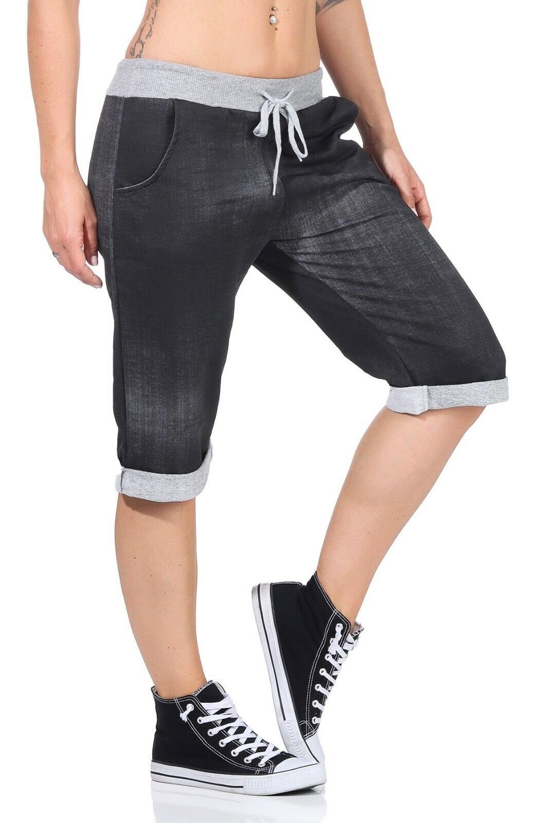 Aurela Damenmode Jogginghose Bermuda Damen Hose Kurze Jogpants leichte Shorts moderne Jeansoptik, mit elastischem Bund