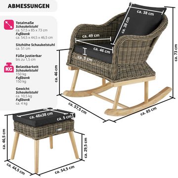 tectake Schaukelstuhl Rattan Schaukelstuhl Rovigo mit Fußbank Vibo (4er Set, 1 St), Abnehmbare Sitzkissen