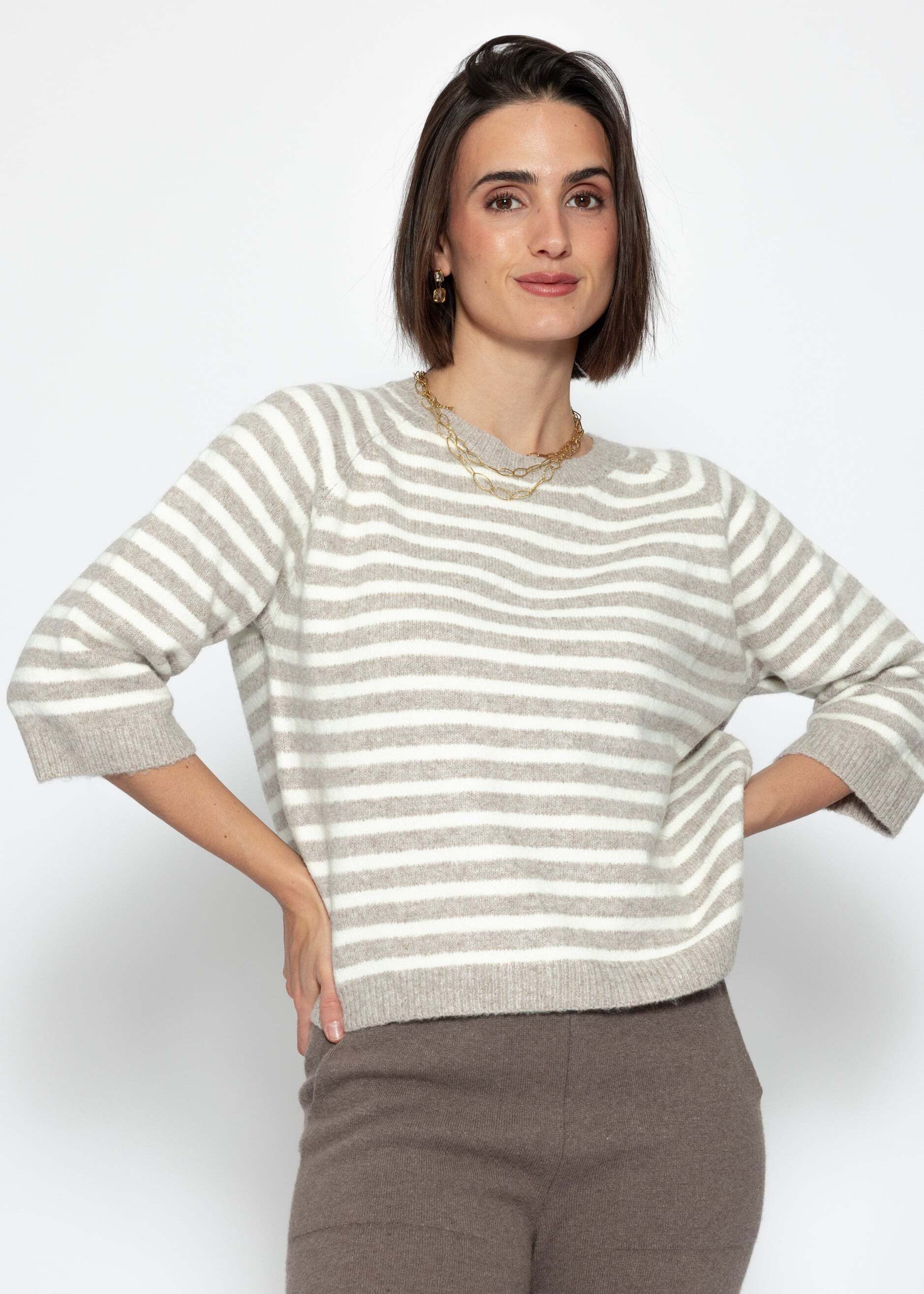 SASSYCLASSY Strickpullover Gestreiftes Strickoberteil für Damen Weicher Pullover mit halblangen Ärmeln und Rundhalsausschnitt