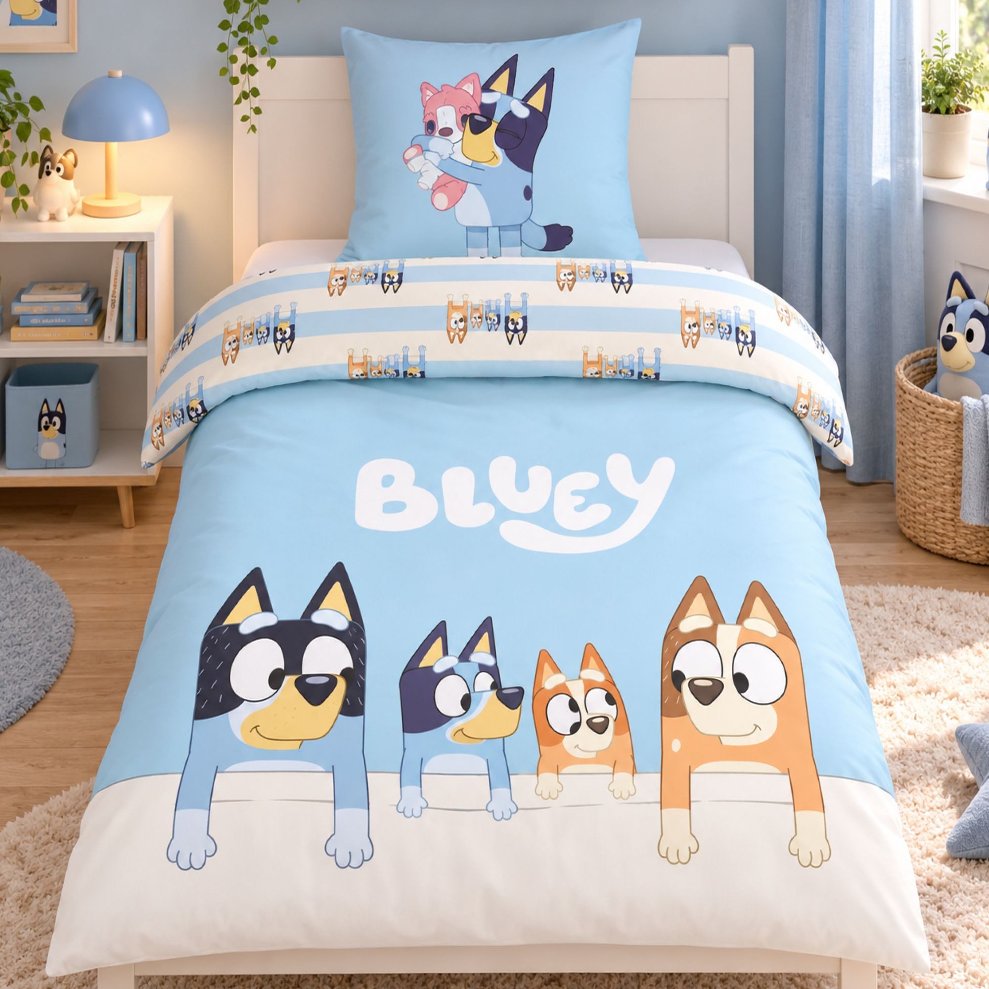 Familando Kinderbettwäsche Bluey 135x200 80x80 cm Blau Motiv Family 100% Baumwolle, Renforcé, 2 teilig, Bettwäsche mit liebevollem Motiv …