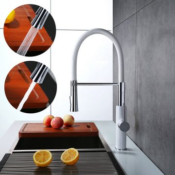 aihom Küchenarmatur Wasserhahn für Küche mit Weiß Flexibler Auslauf mit Brause Chrom Weiß/Silber