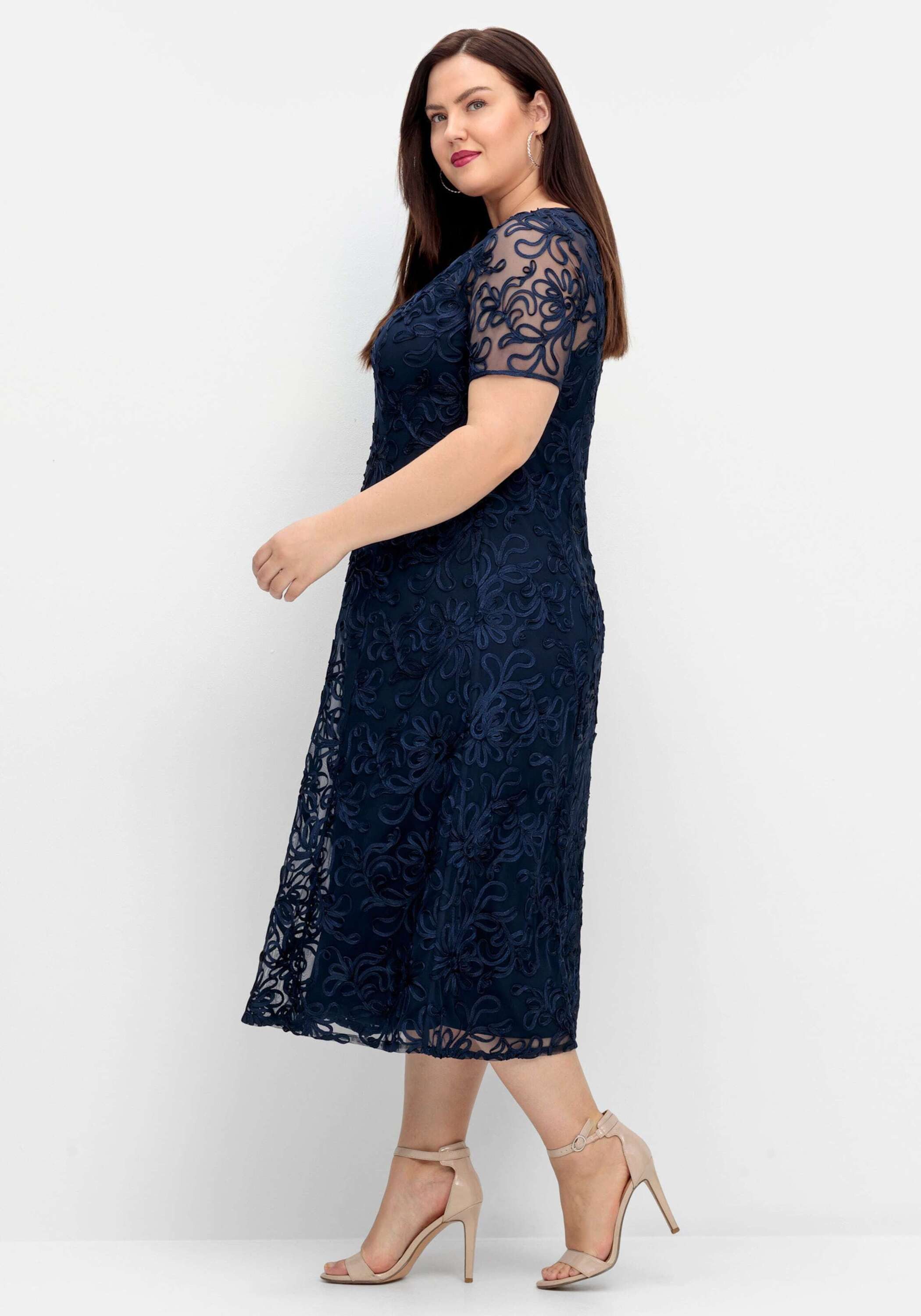 Sheego Etuikleid Abendkleid Kurzarm mit dekorativen Zierborten