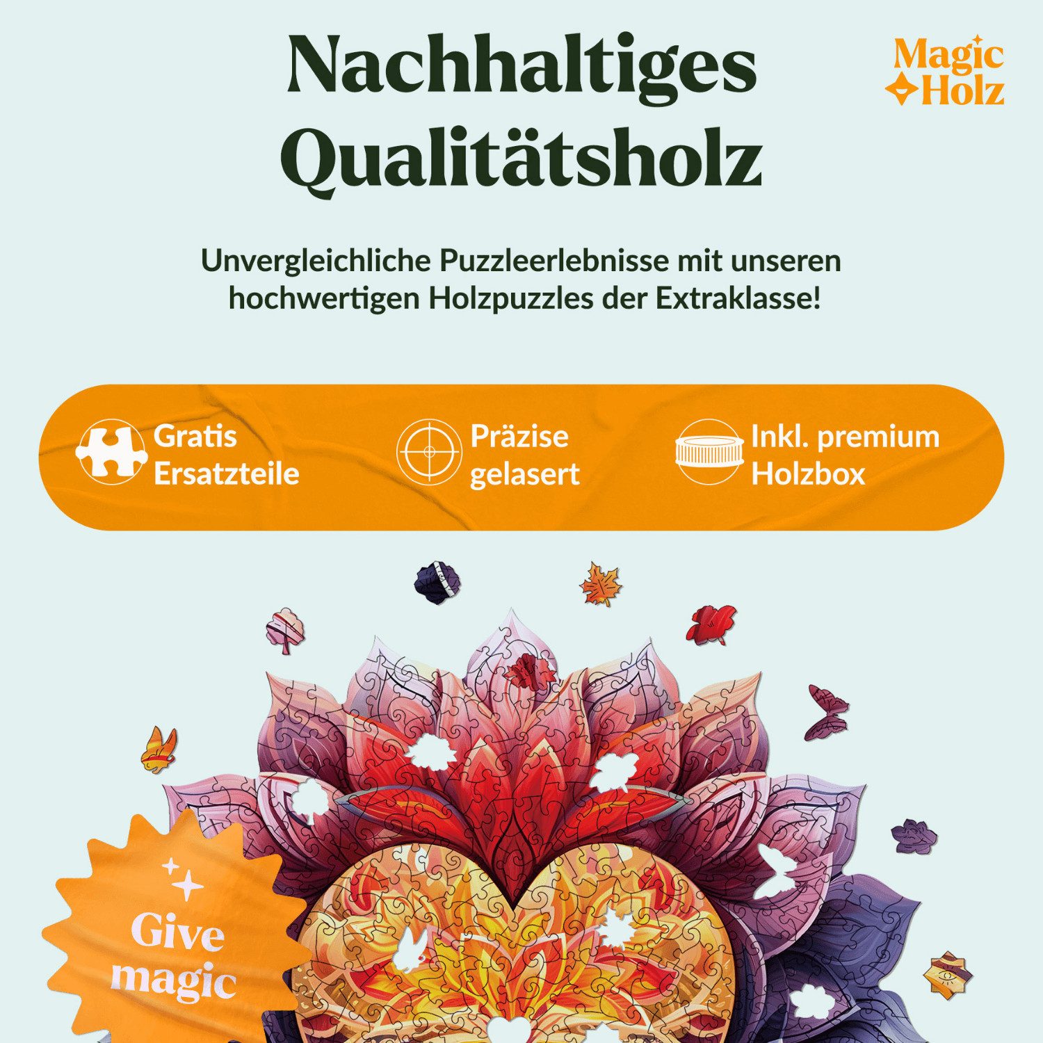 MagicHolz Puzzle Blühendes Herz Mandala Holzpuzzle (2D), 297 Puzzleteile