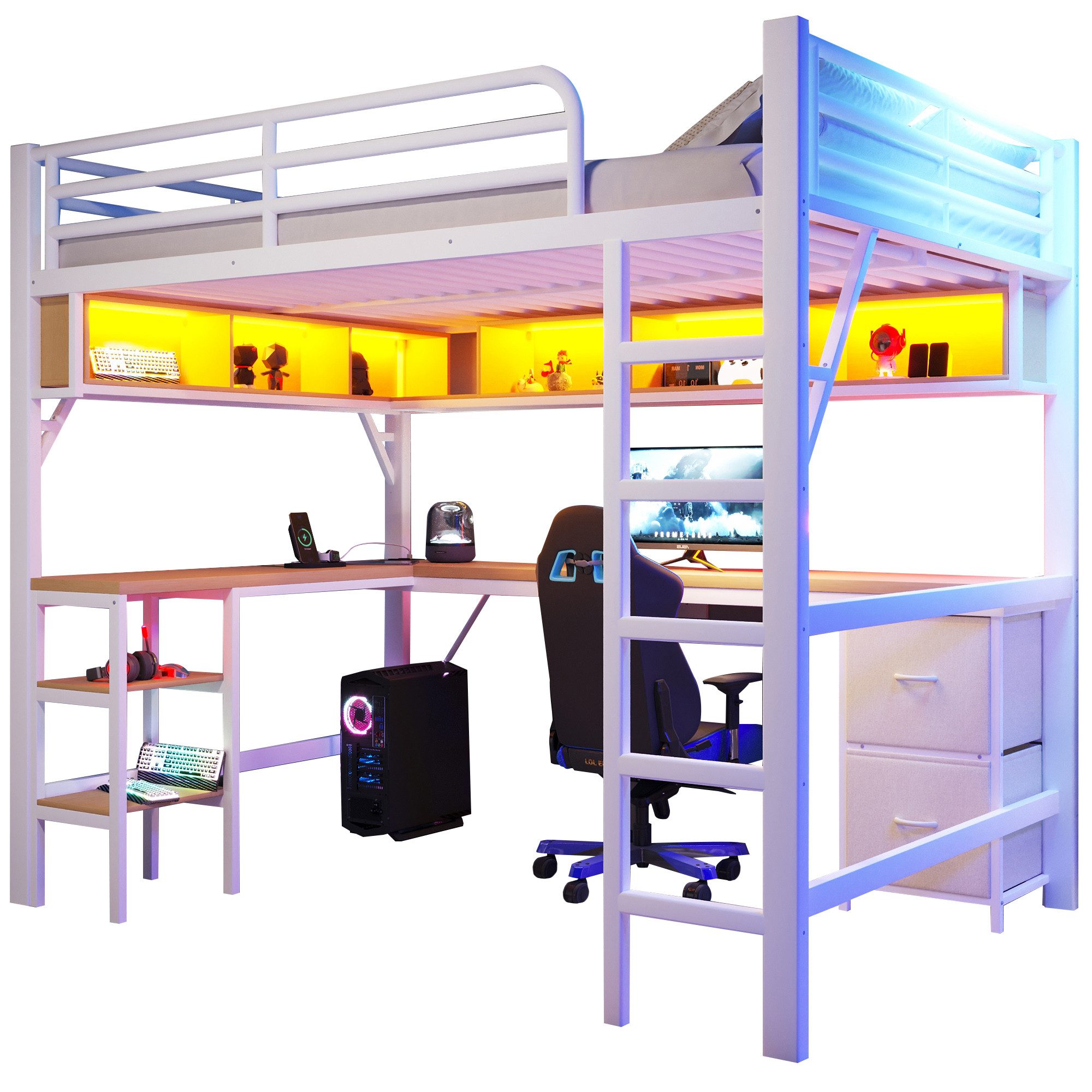 SOFTWEARY Hochbett mit Schreibtisch und LED-Beleuchtung (140x200 cm, mit Regal, Leiter, Schubladen, Steckdosen und USB) Metallbett, Kinderbett mit Rausfallschutz