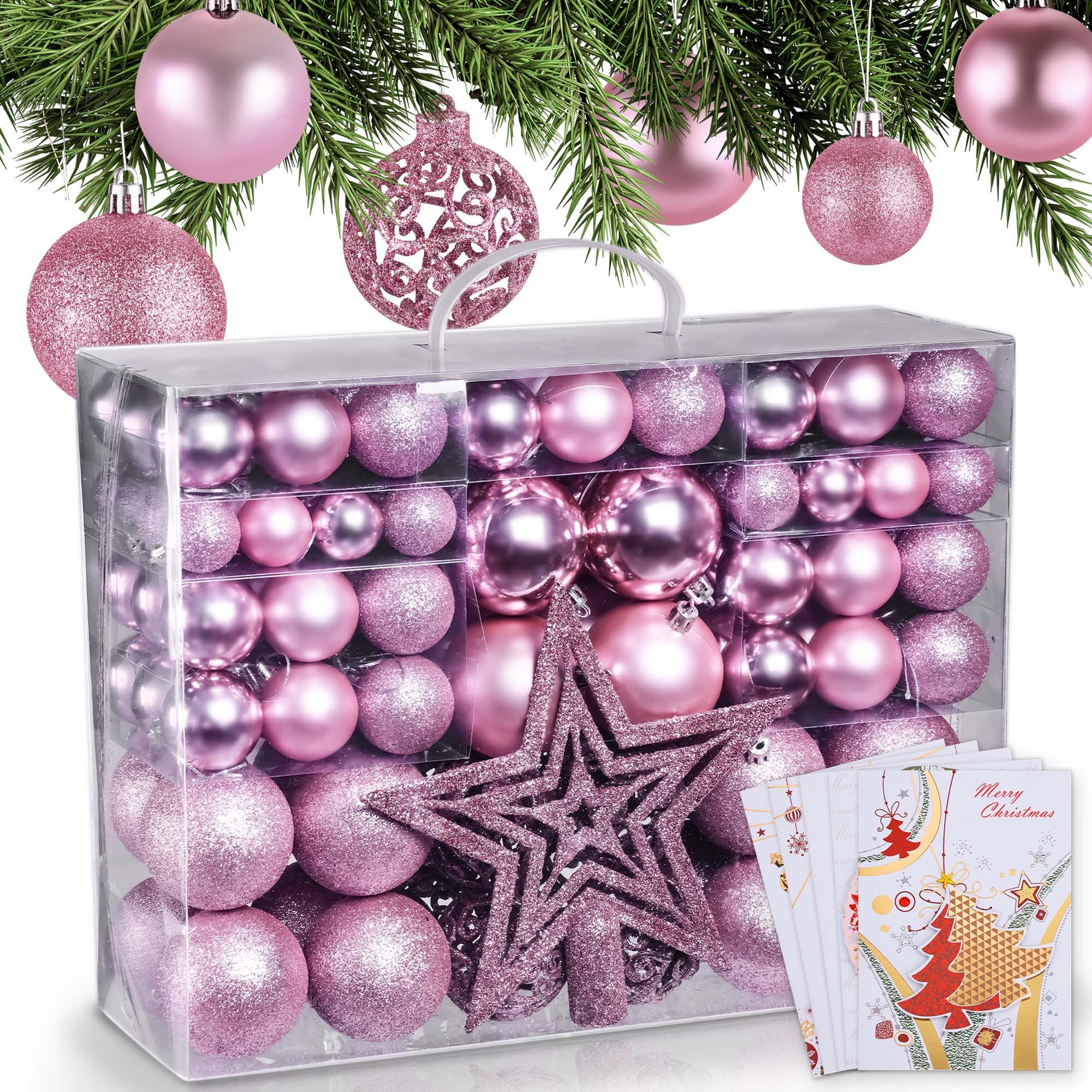 Onbest Weihnachtsbaumkugel 128-teiliges Set, 7 Farben, 3 Größen, 1 Stern + 5 Karten