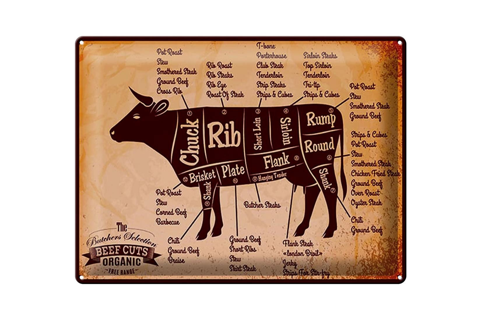 Metallschild Metzger 40x30cm Beef cuts Organic Metzgerei