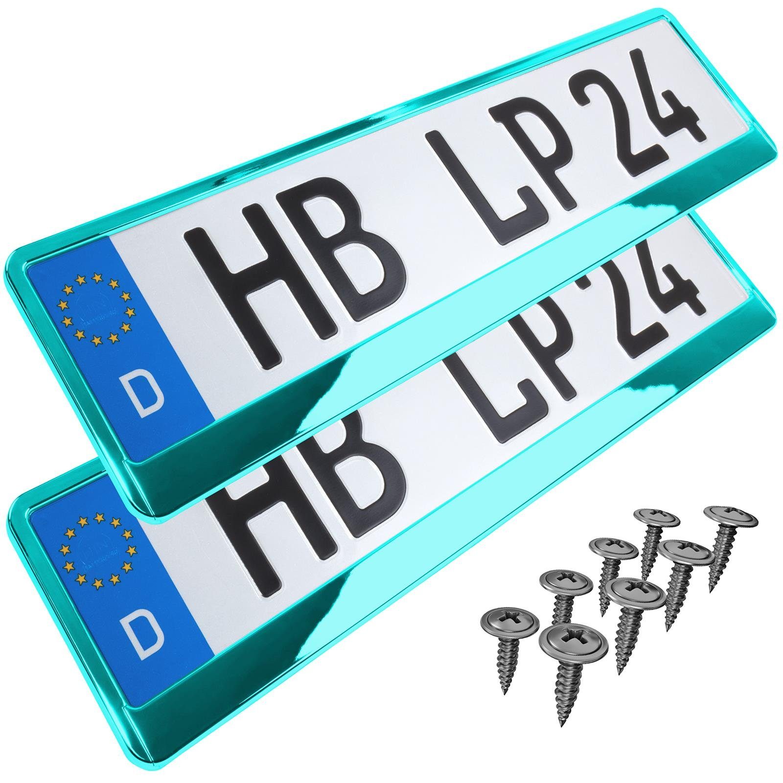 L & P Car Design Kennzeichenhalter für Auto Türkis-Chrom Kennzeichenhalterung, (2 Stück)