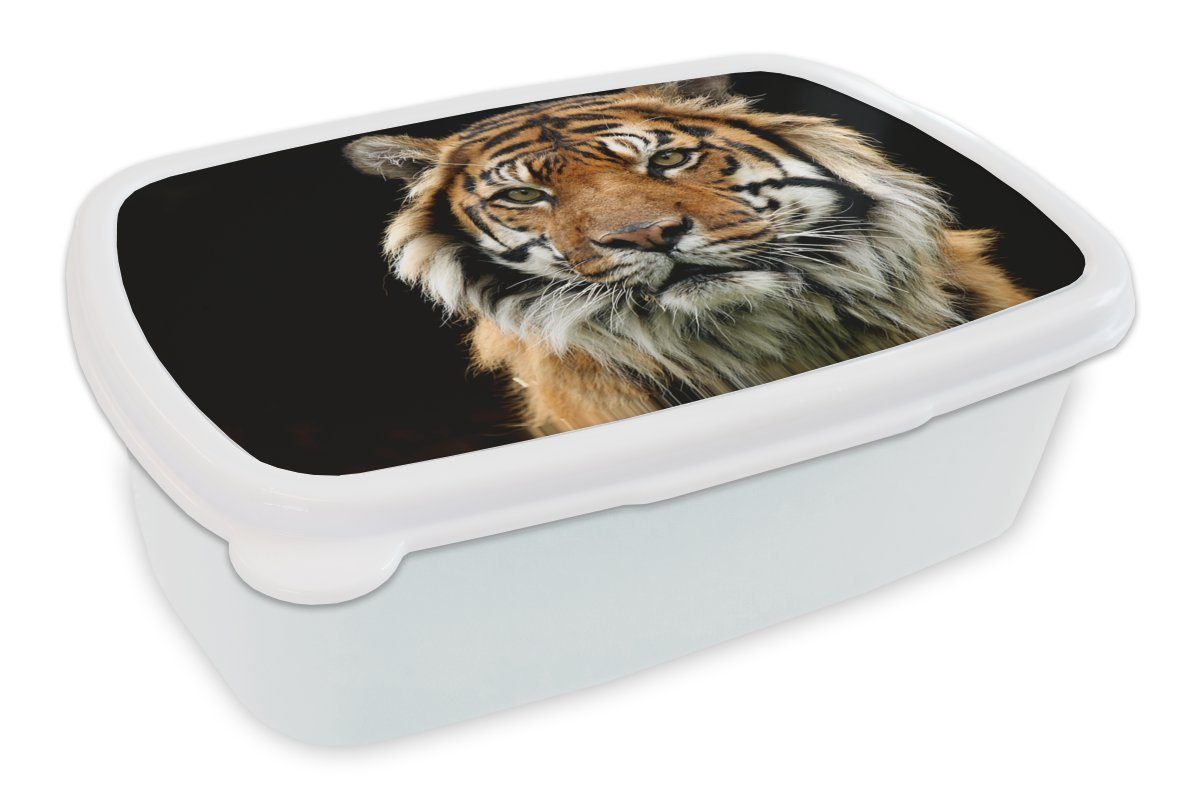 MuchoWow Lunchbox Tiger - und und Kunststoff, Brotbox (2-tlg), Kinder - Erwachsene, Brotdose, für Mädchen für Porträt, Jungs weiß Schwarz