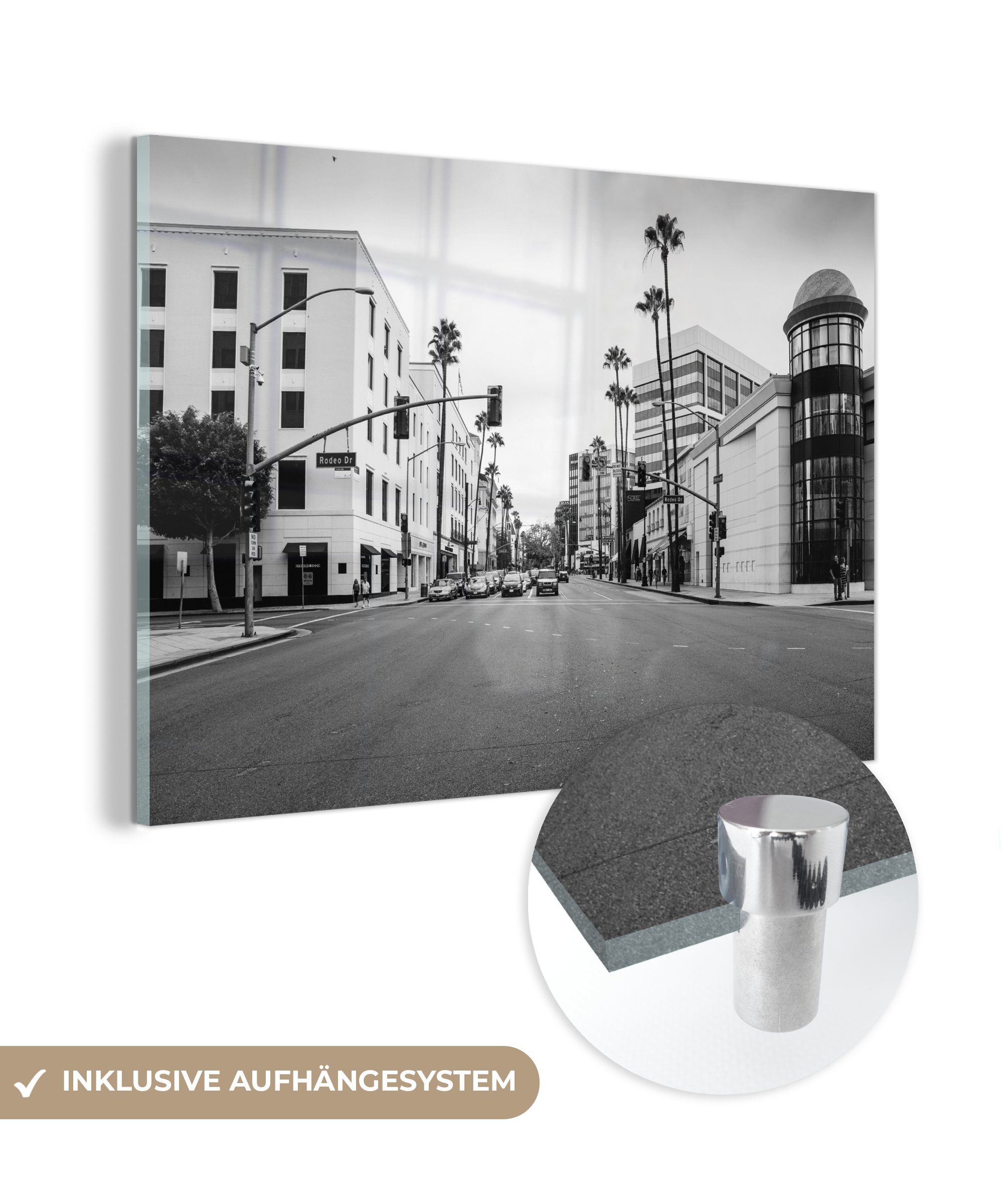 MuchoWow Acrylglasbild Los Angeles - Rodeo Drive - Schwarz - Weiß, (1 St), Acrylglasbilder Wohnzimmer & Schlafzimmer