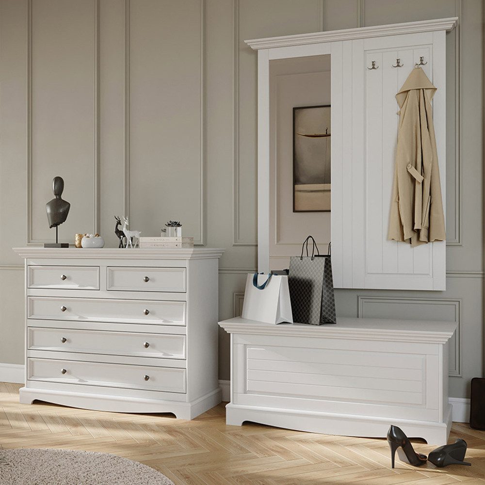 Lomadox Garderoben-Set BORMIO-163, (Spar-Set, 3-St., Garderobenpaneel Truhe Kommode), Massivholz in weiß, 3-teilig