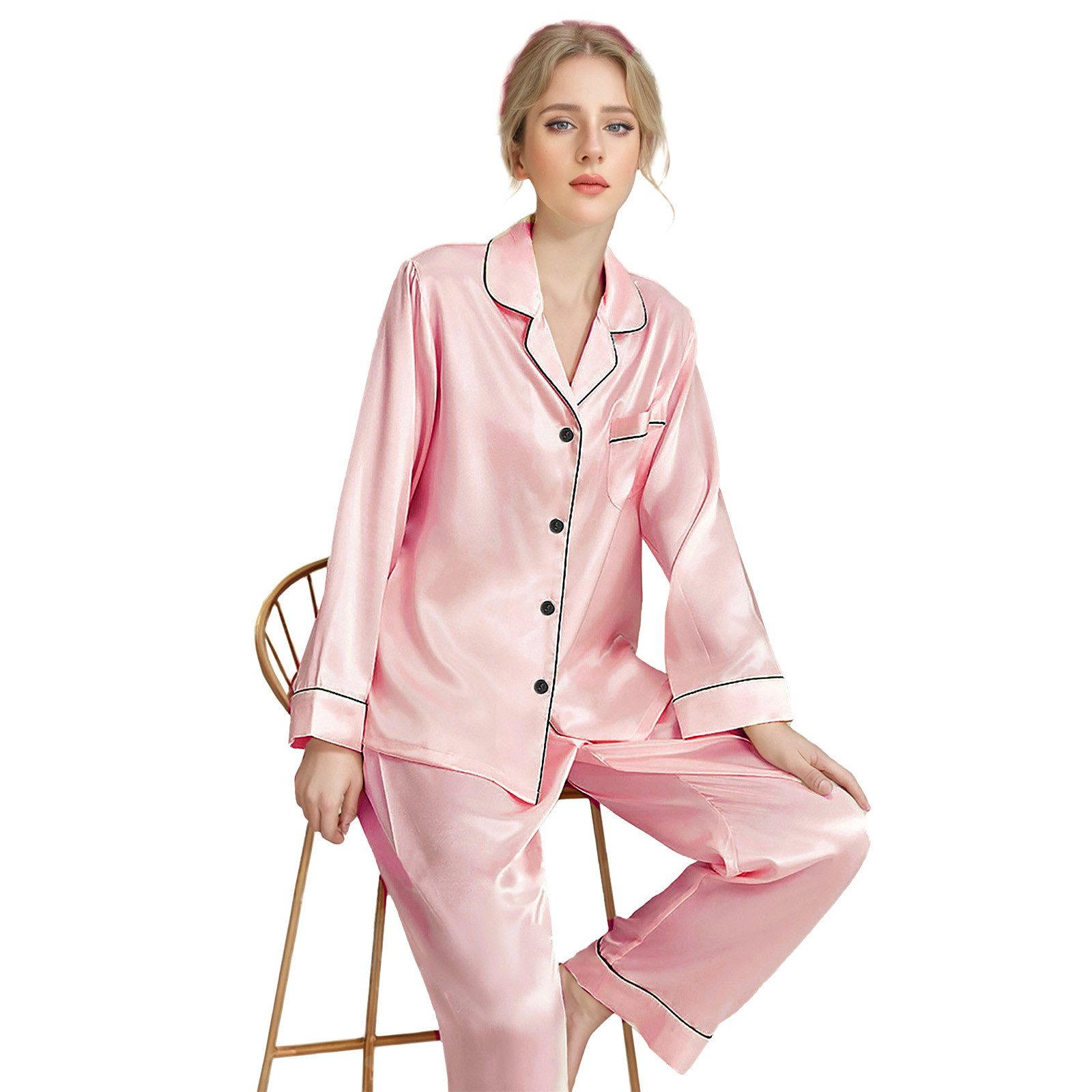 TANTOMI Schlafanzug Damen Satin Schlafanzug 2-Tlg, Langarm Pyjama-Set mit Knopfleiste, kuscheligem V-Ausschnitt und Langen Ärmeln – Bild 2 von 5