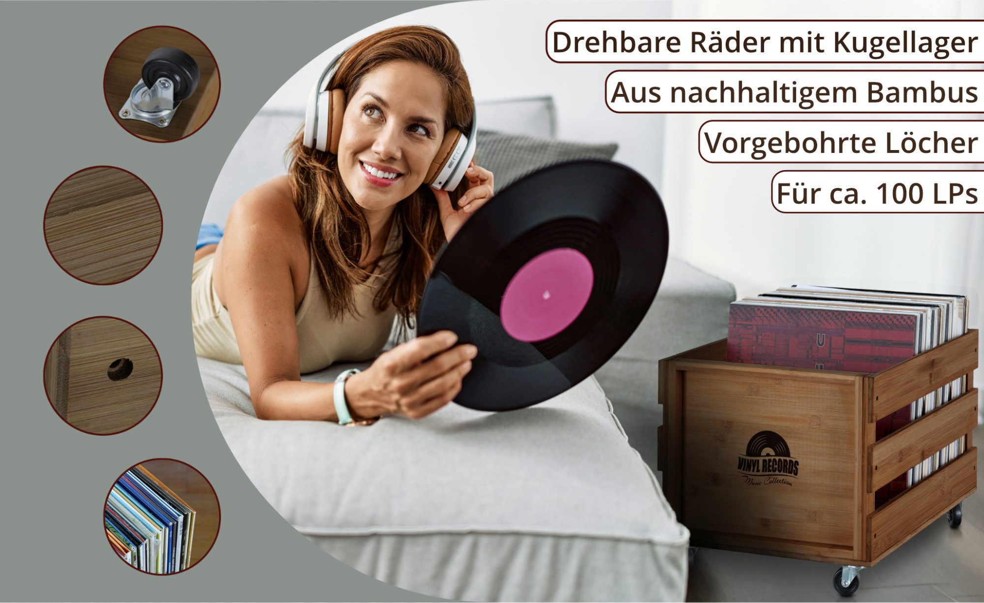 Stagecaptain Holzkiste Emil Schallplattenkiste Bambus Braun für bis zu 100 LPs (1 St), für bis zu 100 LPs - aus Vollholz im Retro-Design – Bild 2 von 5