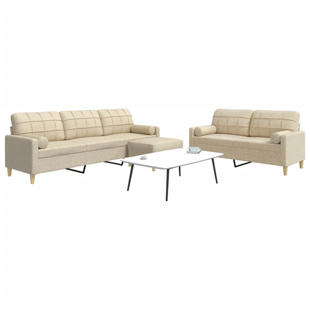 vidaXL Sofa, 3-tlg. Sofagarnitur mit Fußhocker & Dekokissen Creme Stoff