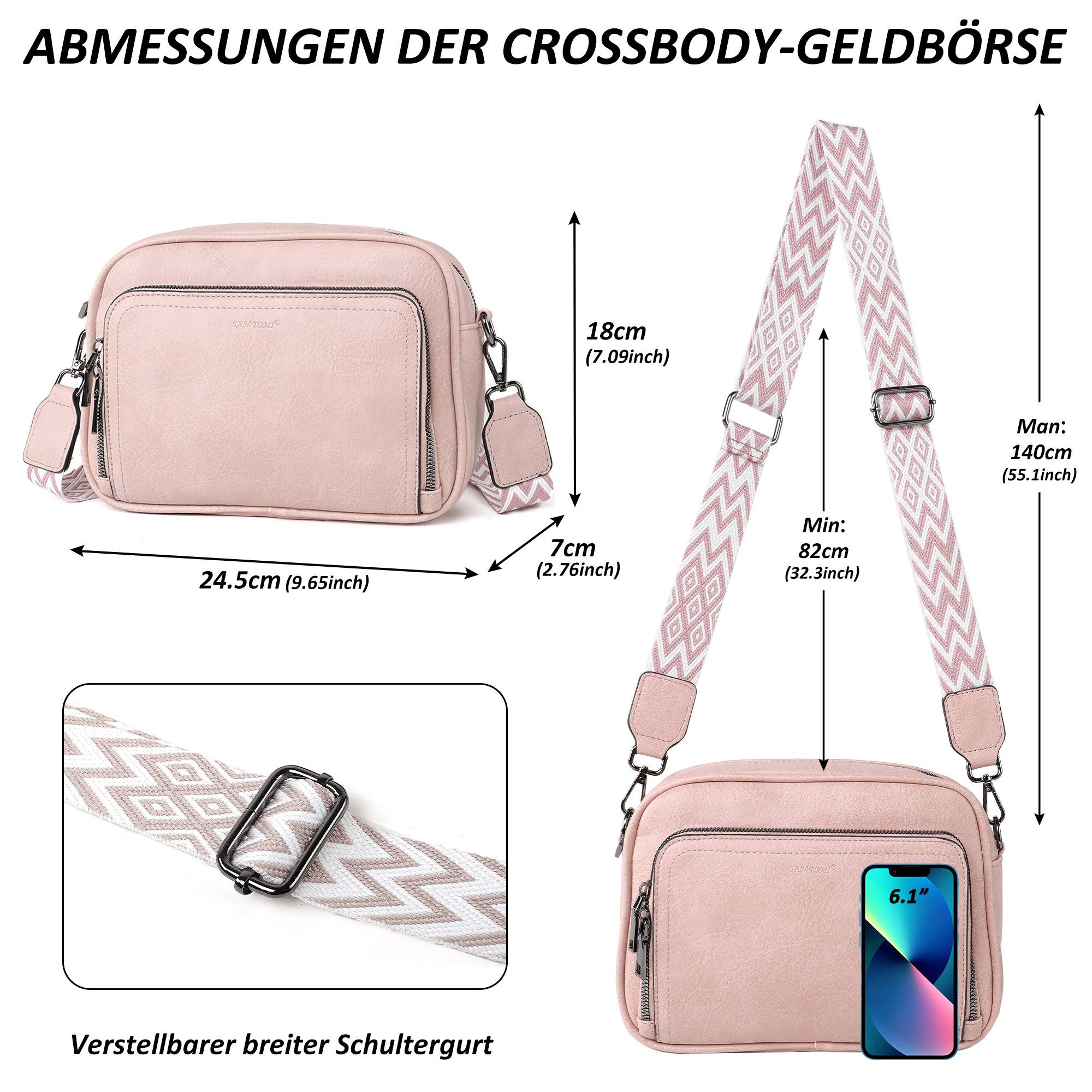 TAN.TOMI Umhängetasche Handtasche Damen mittelgroß tasche mit Verstelbaar Schultergurt, Fronttasche mit mehreren Fächern Weich Breiter Gurt – Bild 3 von 5